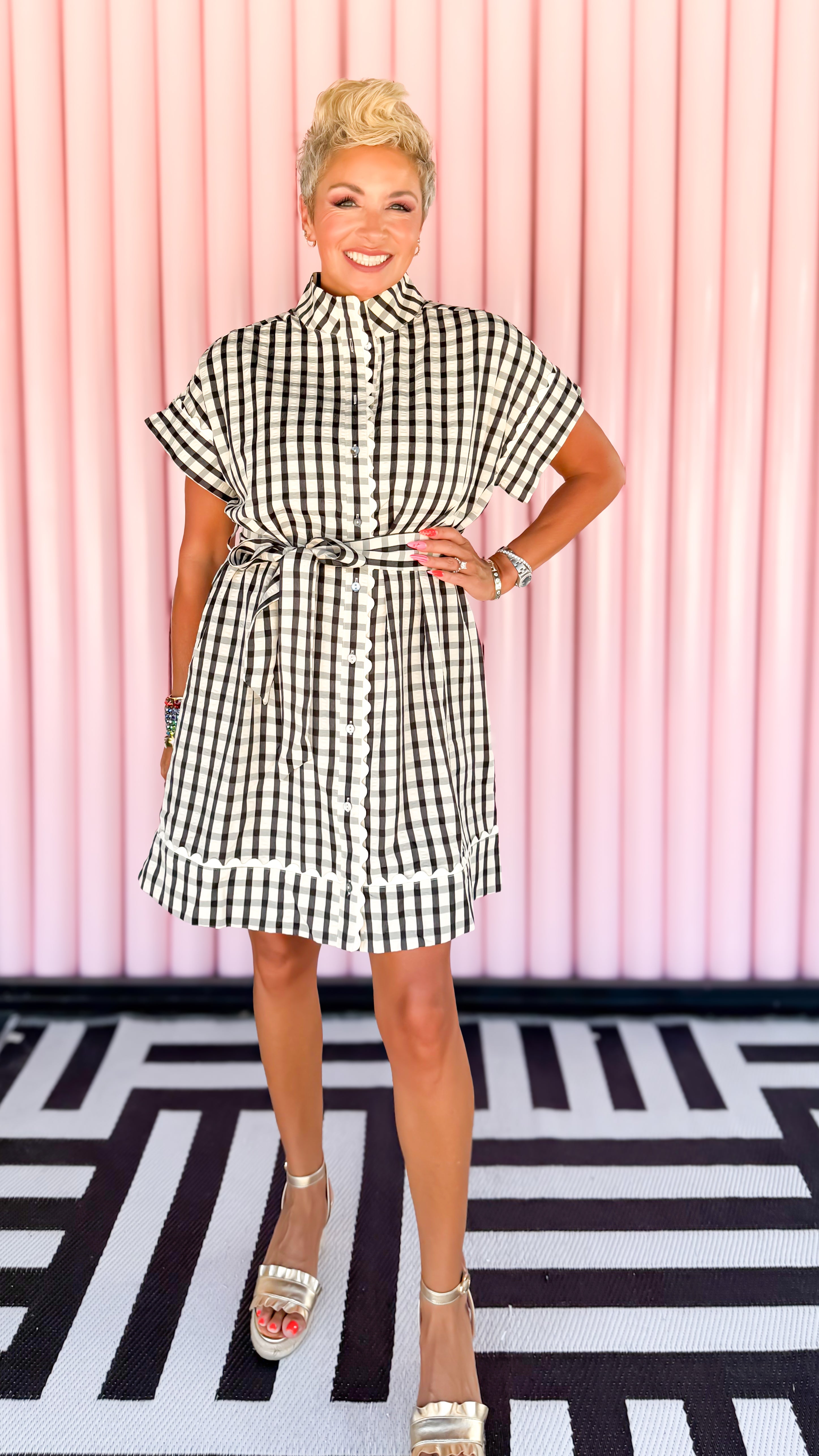 Gingham Ruffle Mini Dress/Black
