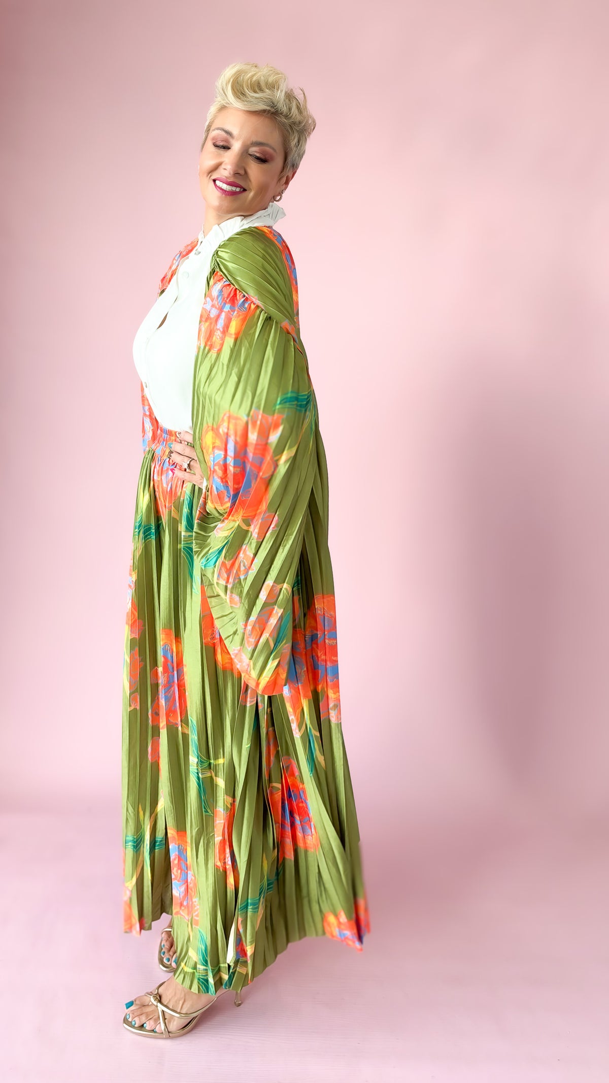 Floral Pleated Satin Kimono Set/Green
