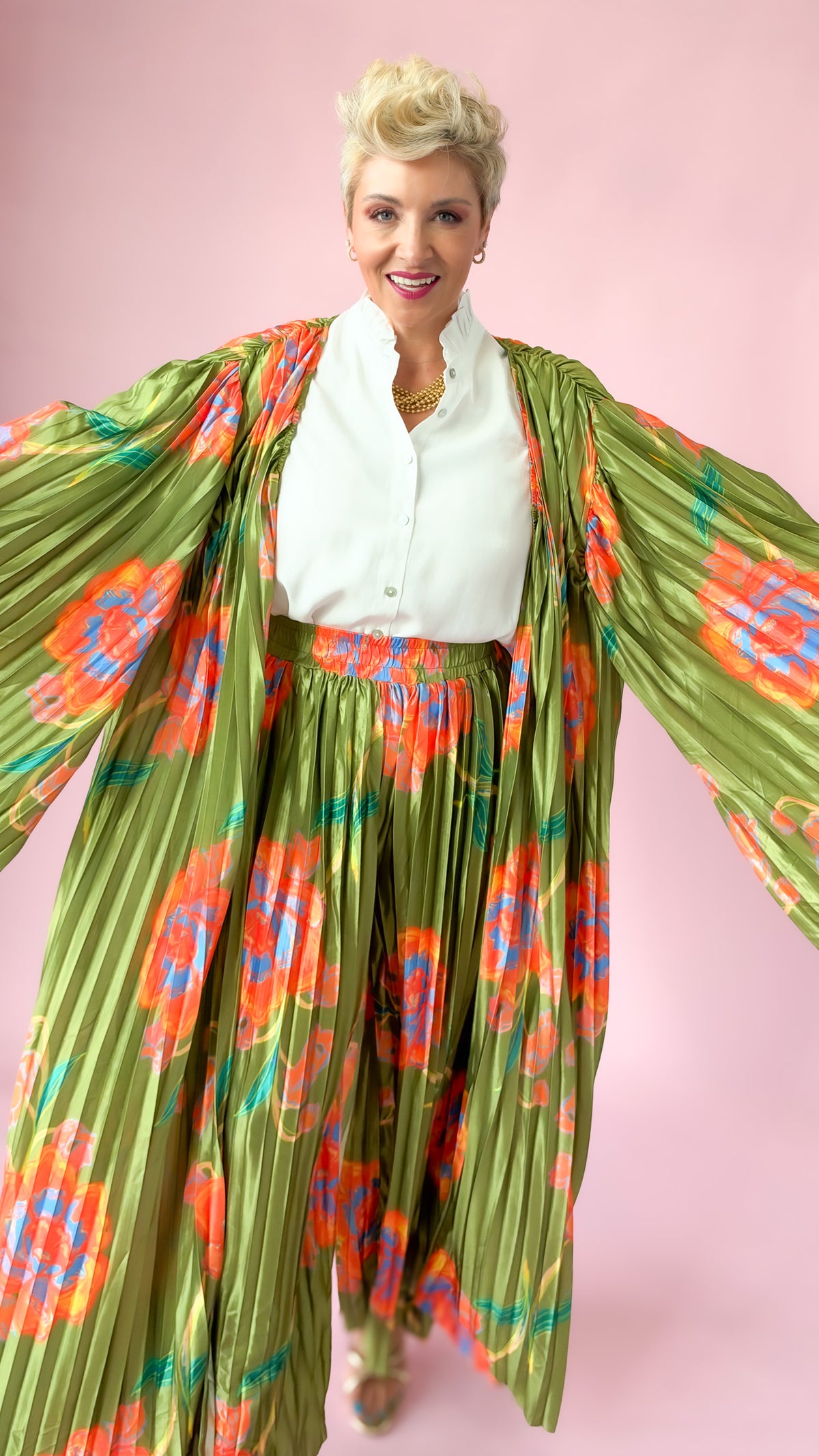 Floral Pleated Satin Kimono Set/Green