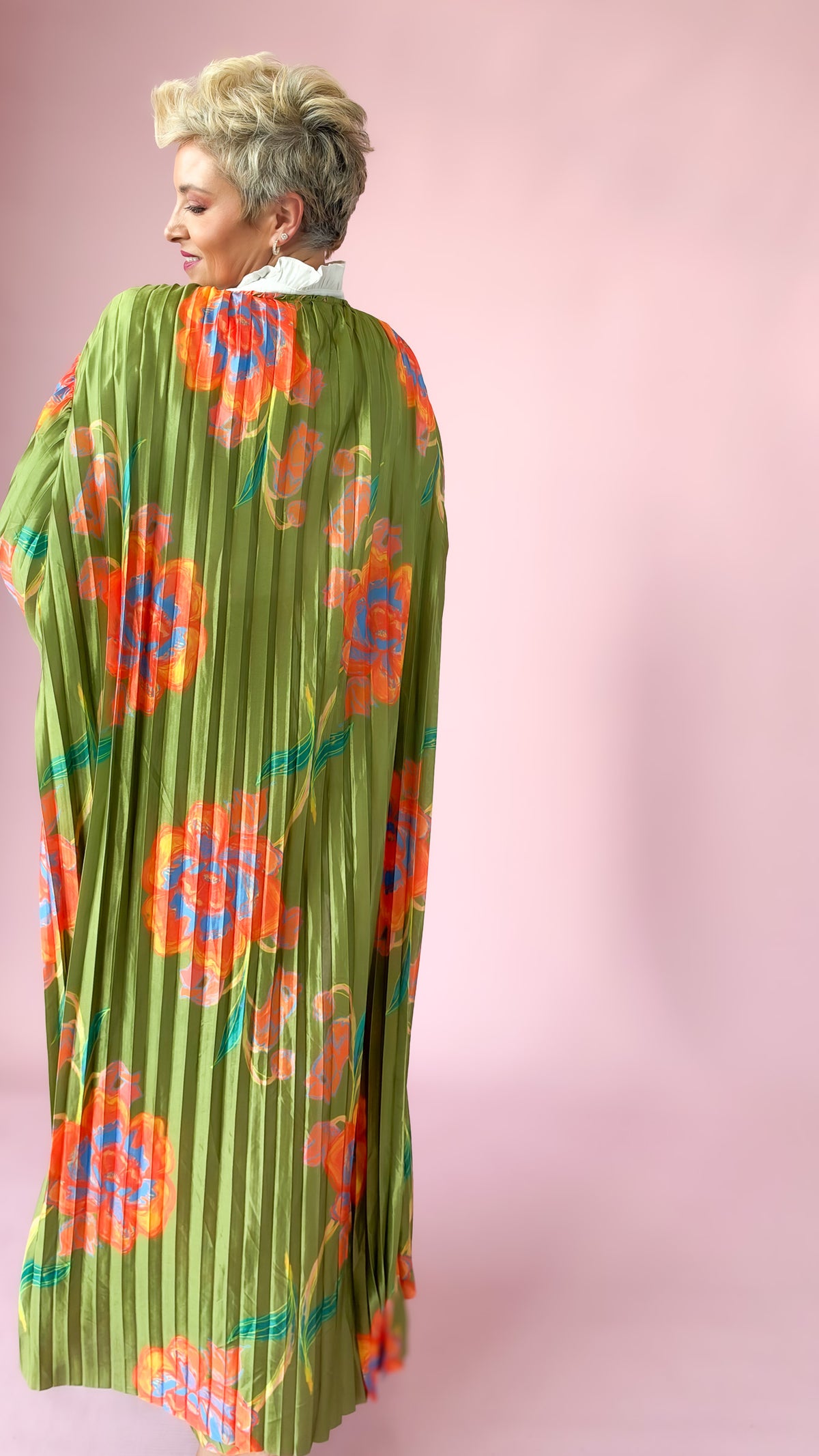 Floral Pleated Satin Kimono Set/Green