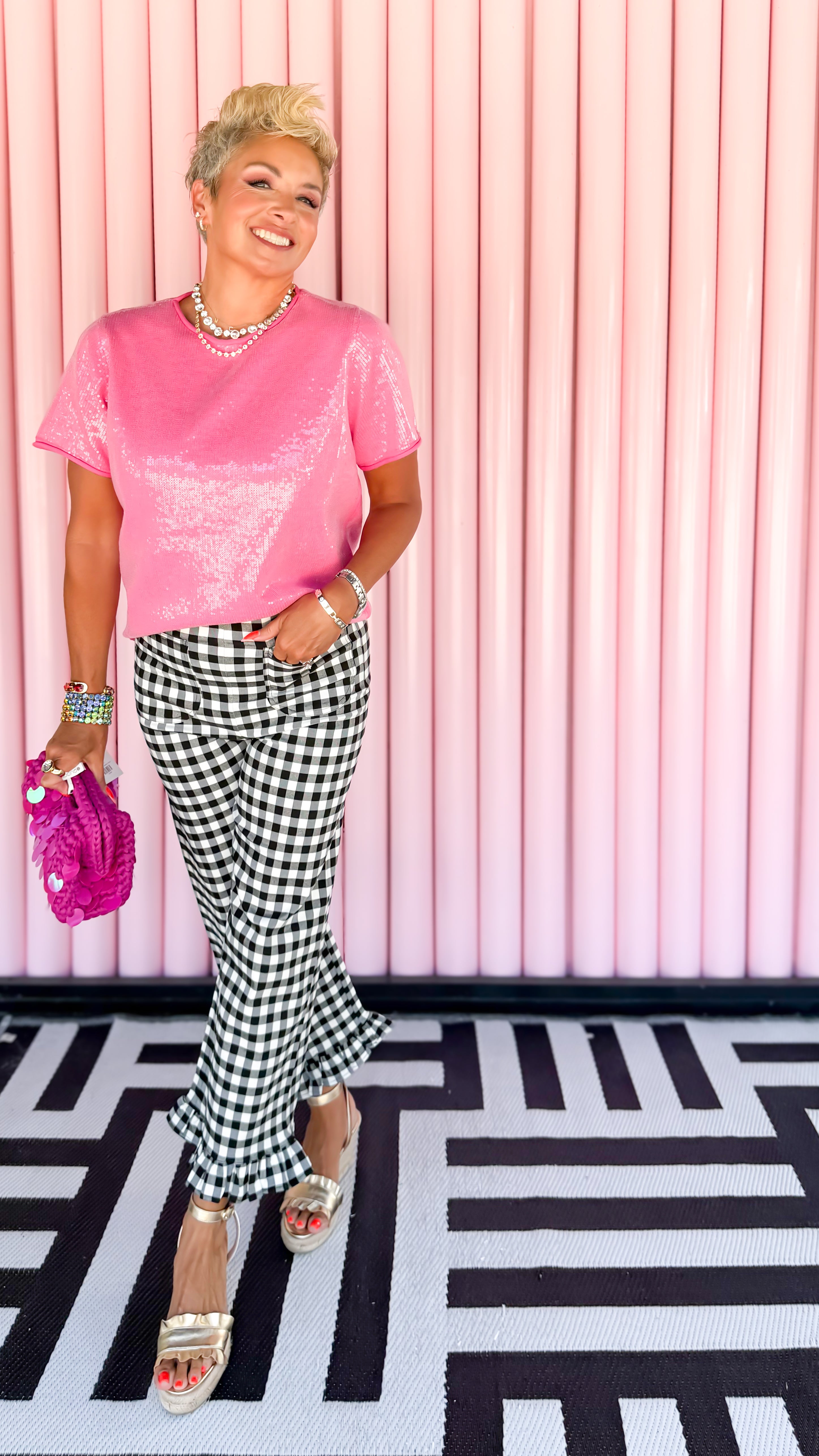 Georgette Gingham Pant/Black