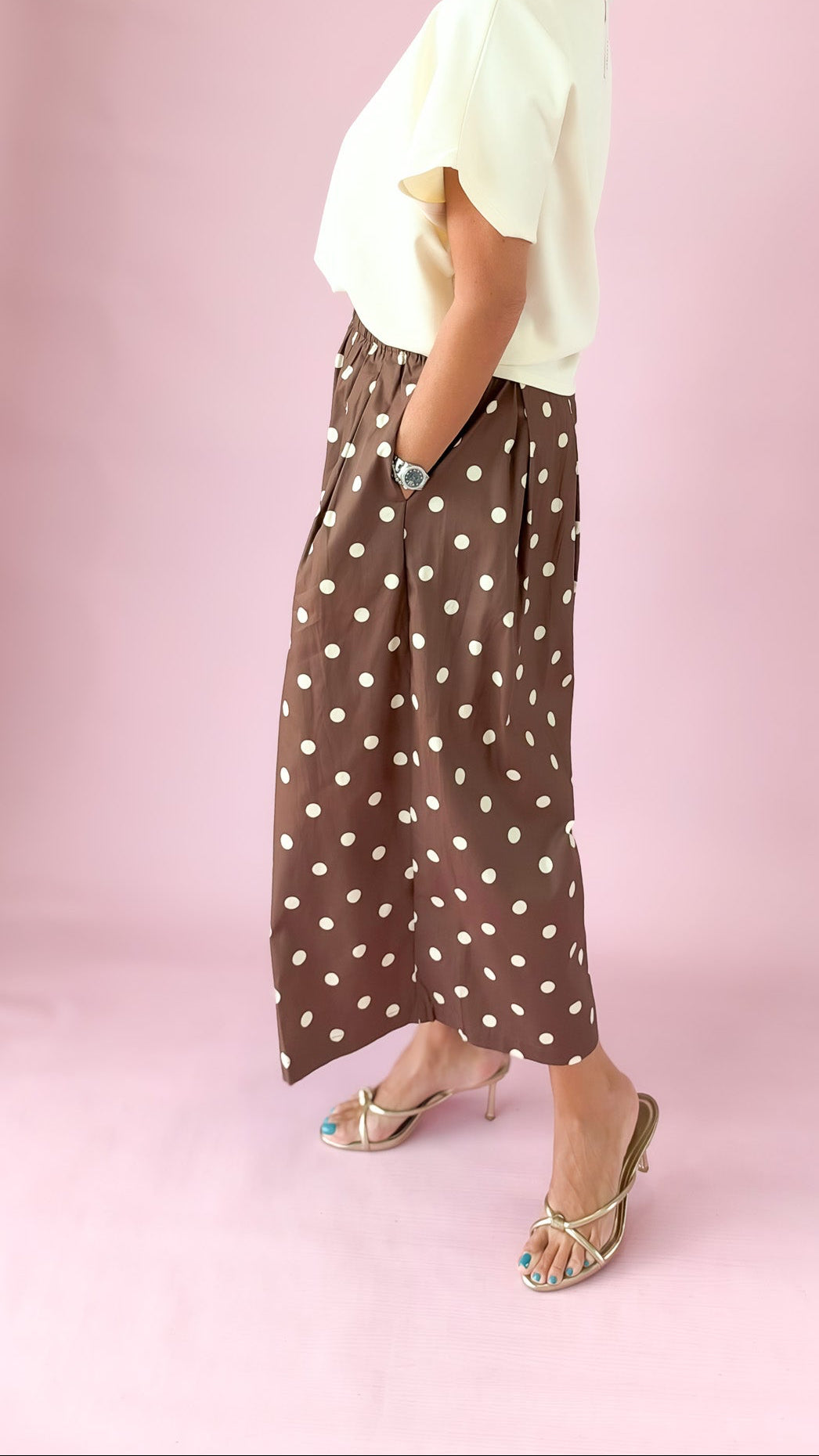 Polka Dot Wide-Leg Pants/Brown