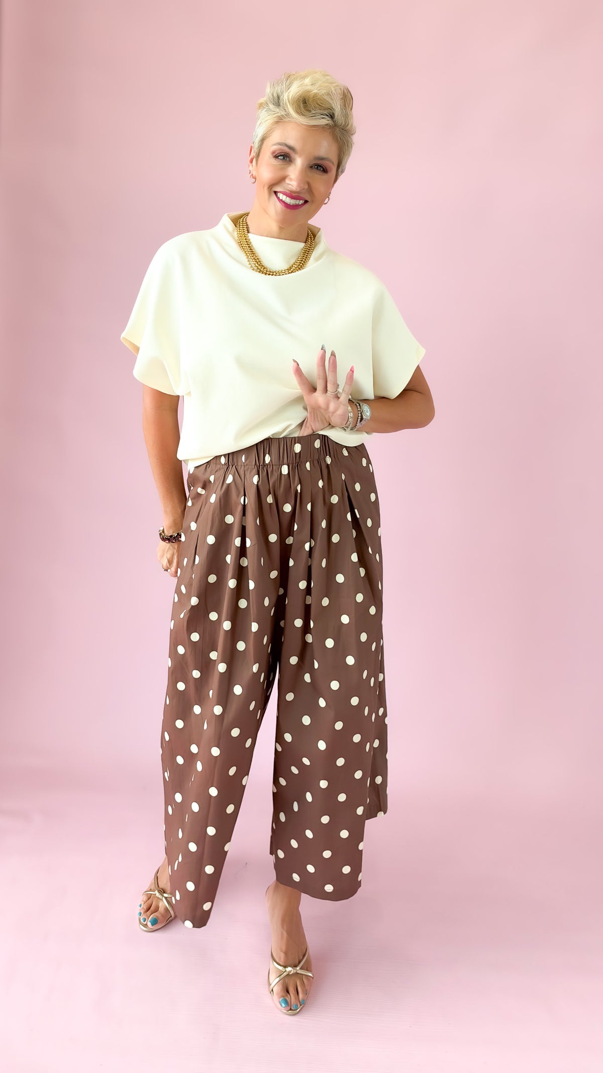 Polka Dot Wide-Leg Pants/Brown
