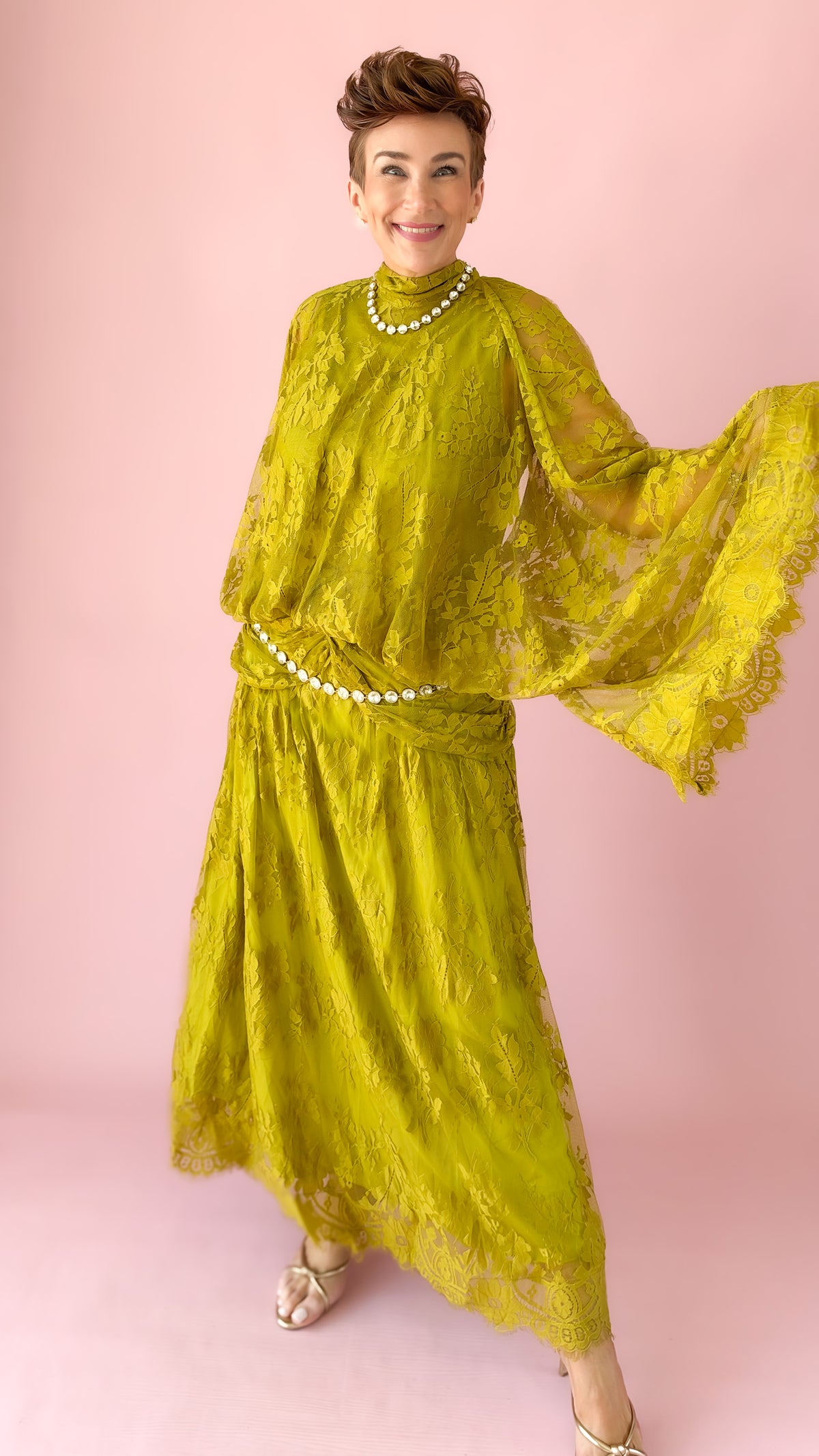 Lace Layered Maxi Dress/Chartreuse