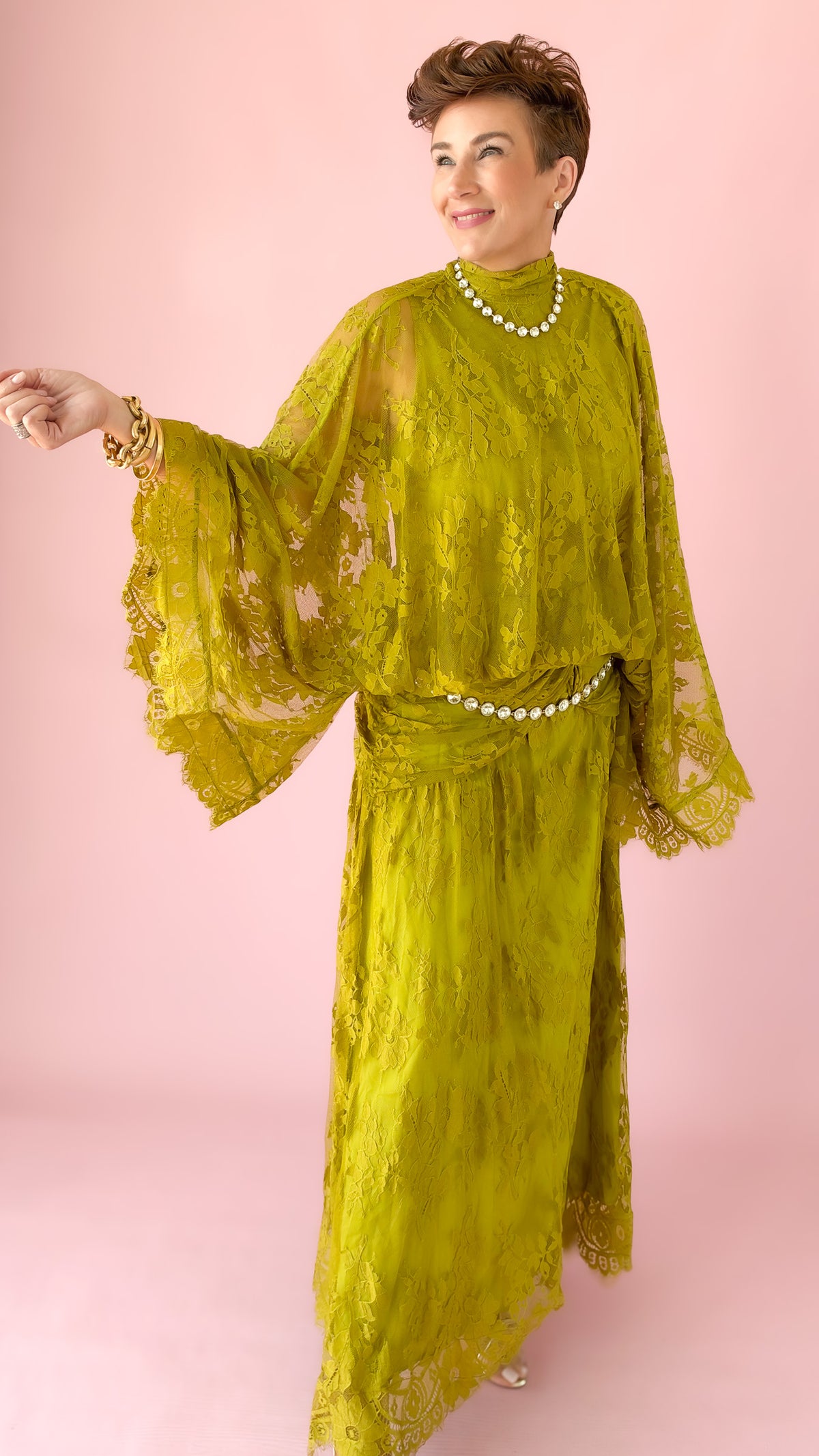 Lace Layered Maxi Dress/Chartreuse