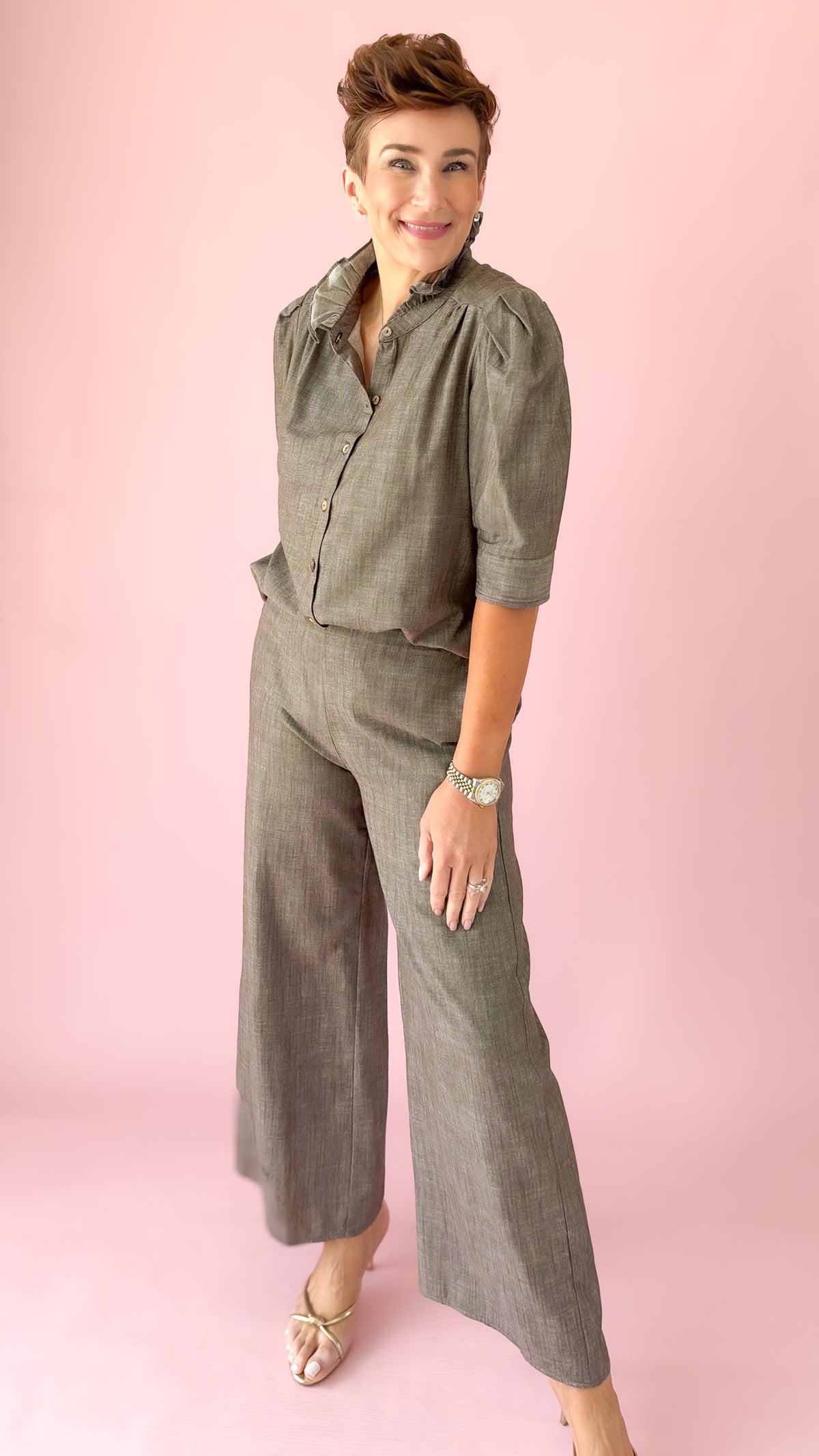Ruffle Collar Puff Shirt/Brown