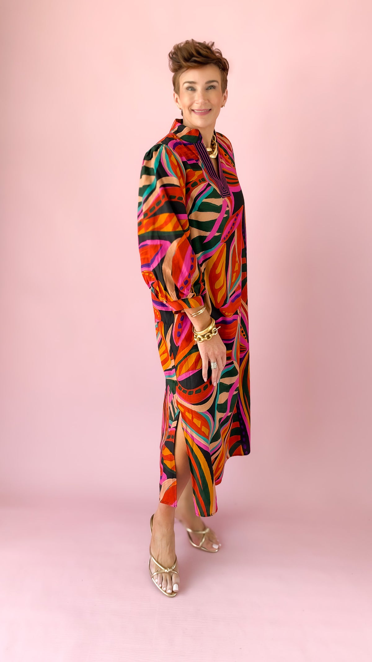 Abstract Caftan Midi Dress/Multi