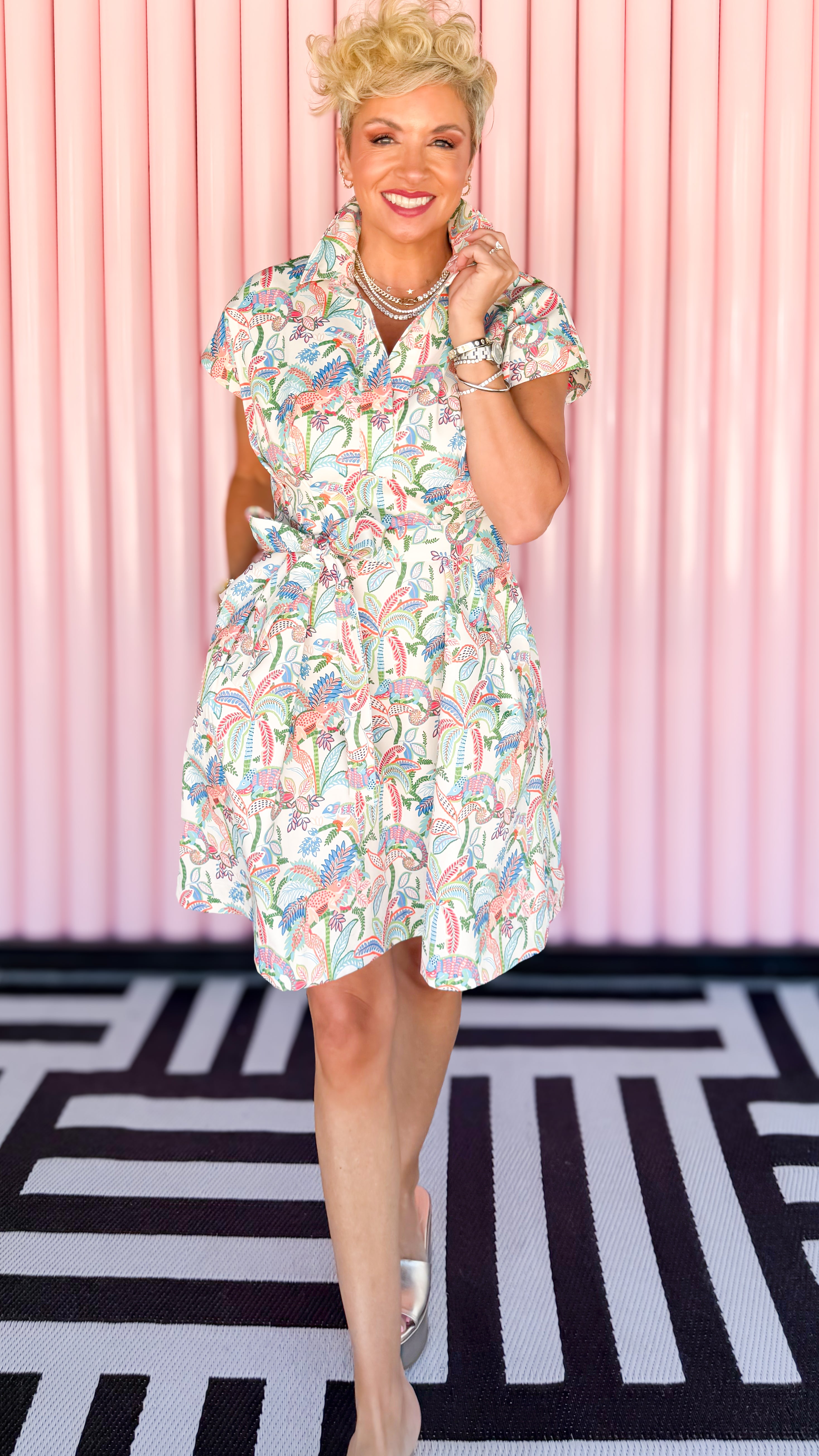 Chameleon Paradise belted dress worn on model - detail view - BLVD Boutik