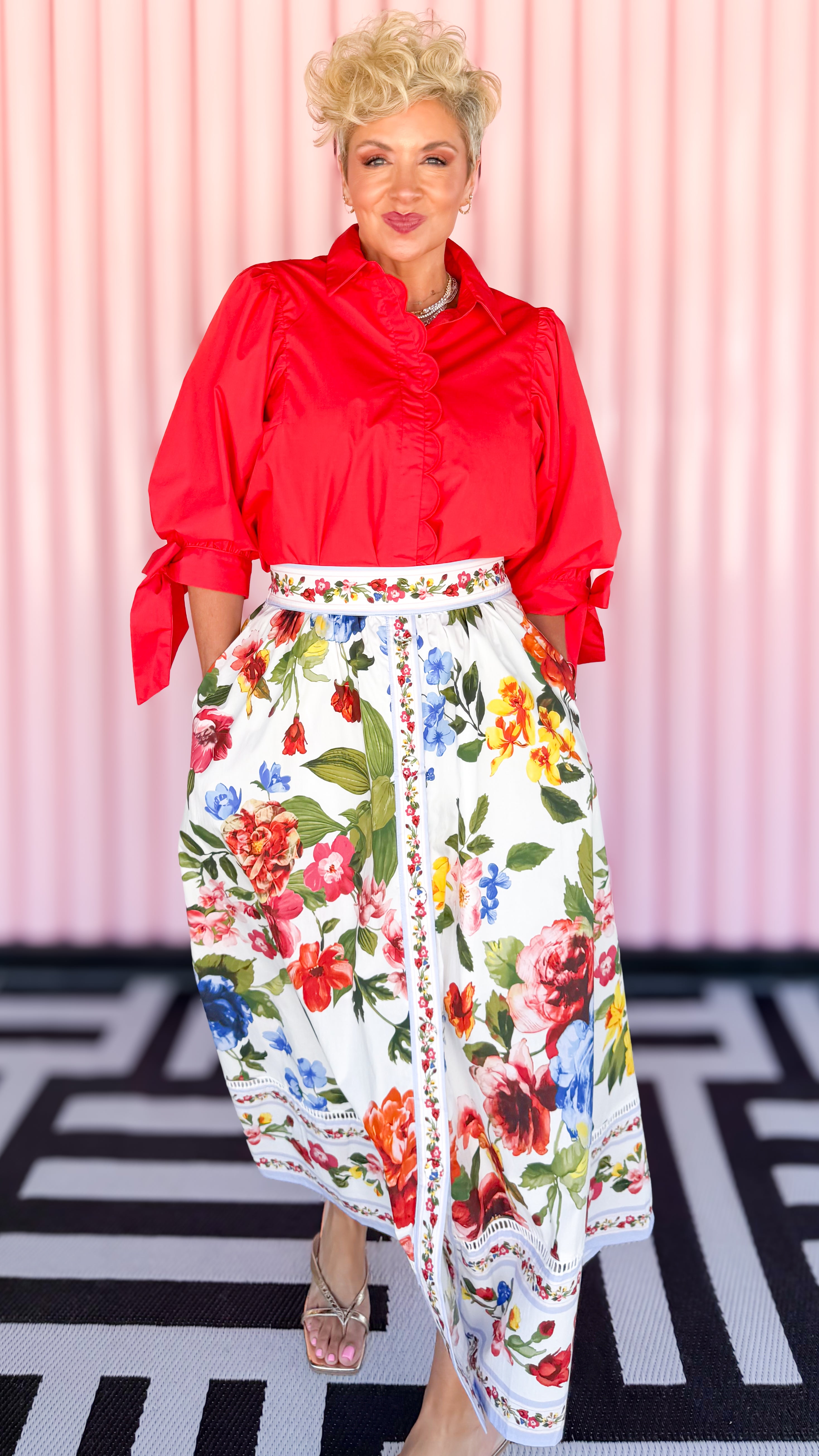 Scalloped Placket Blouse/RED