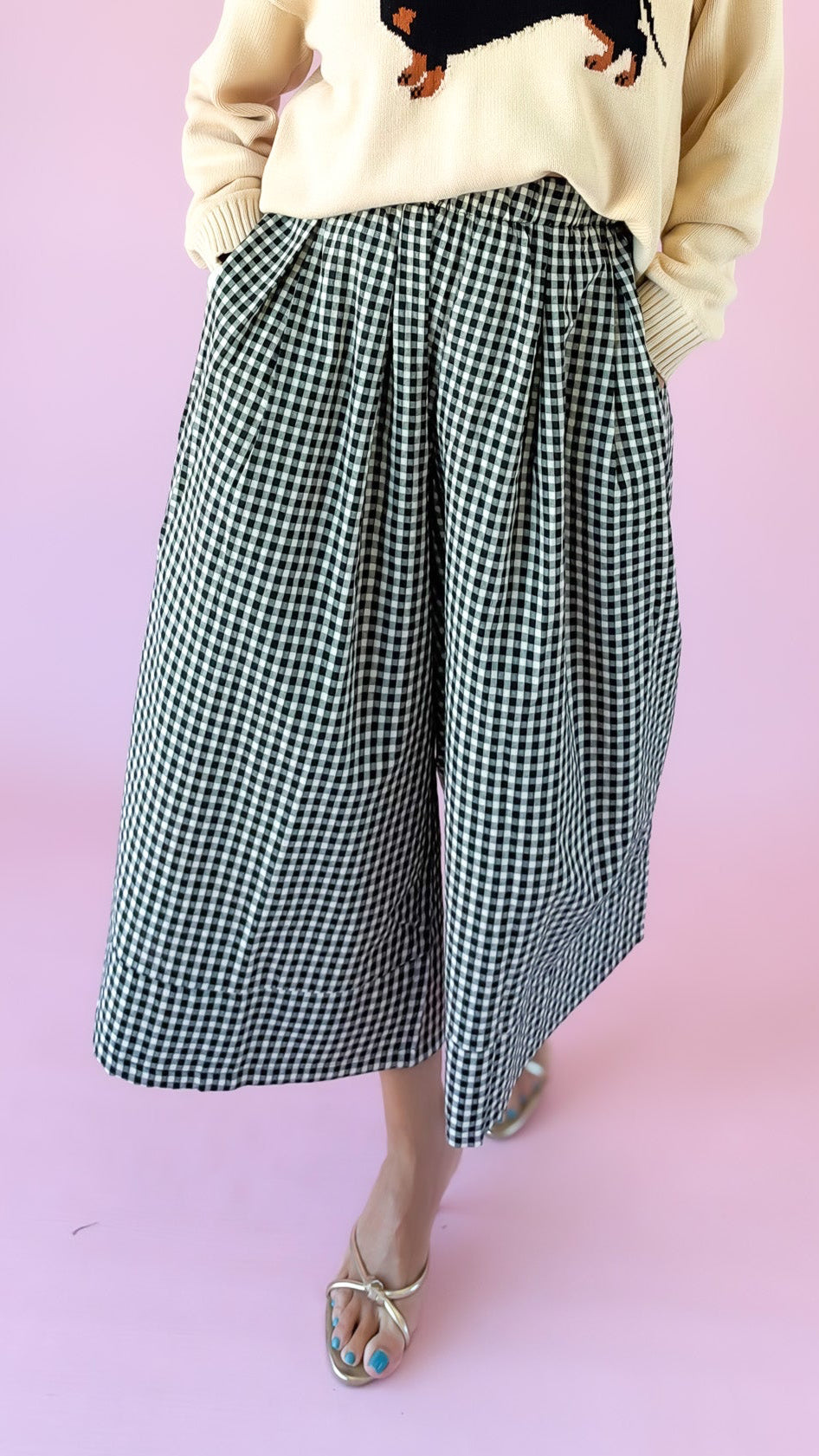 Gingham Wide Leg Pants/Black