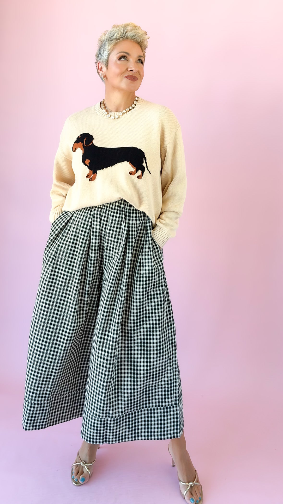 Gingham Wide Leg Pants/Black