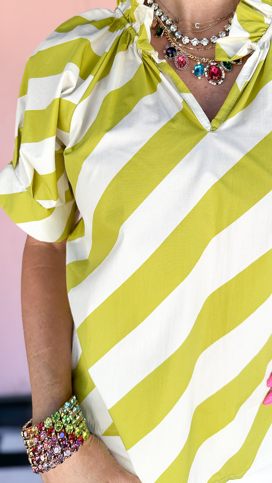 Blake Ruffle Collar Top/Pistachio Stripe