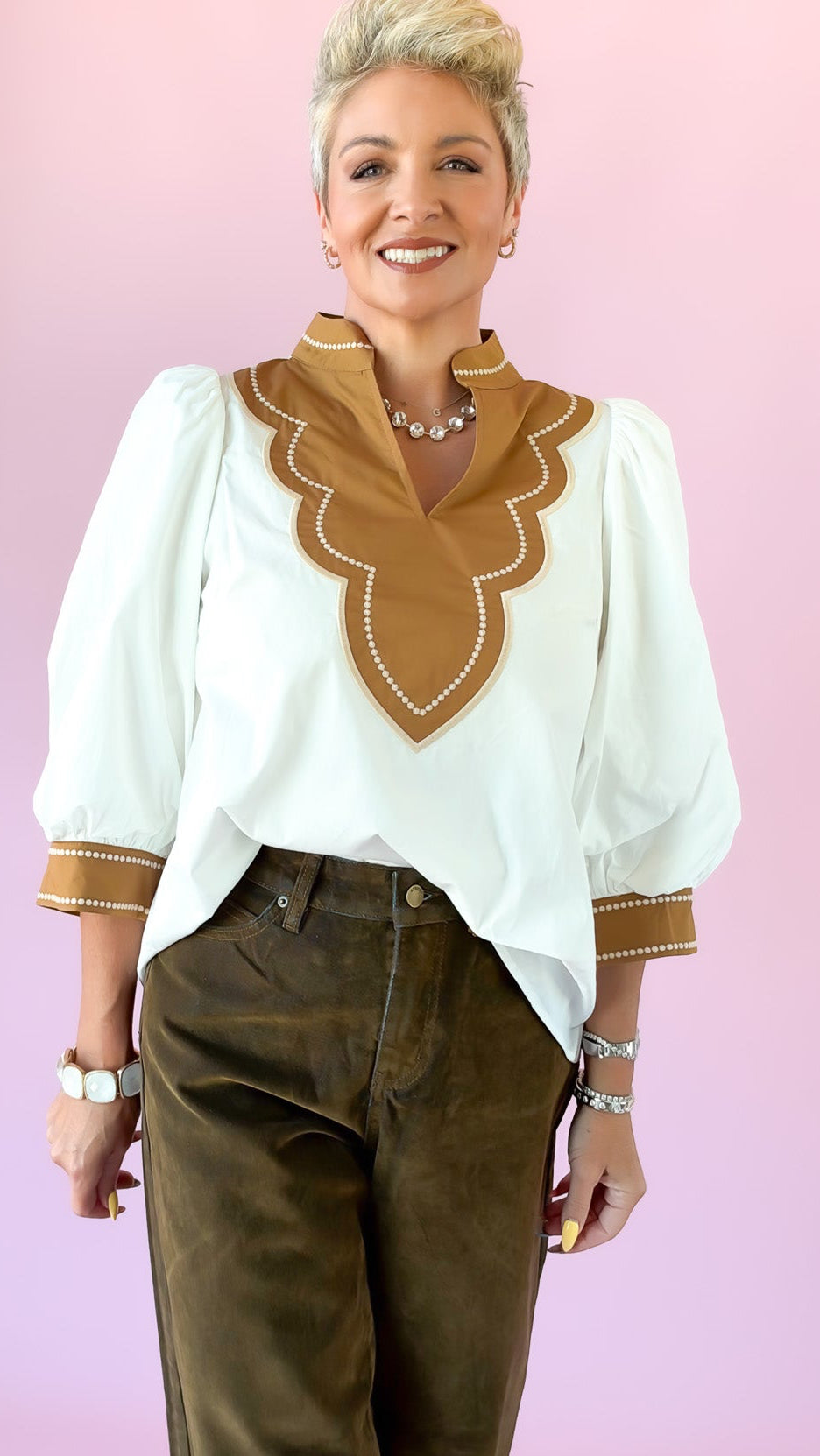 3/4 Sleeve Embroidered Top/White