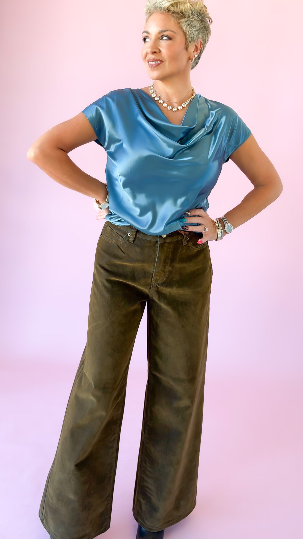 Cowl Neck Mixed Media Top/Slate