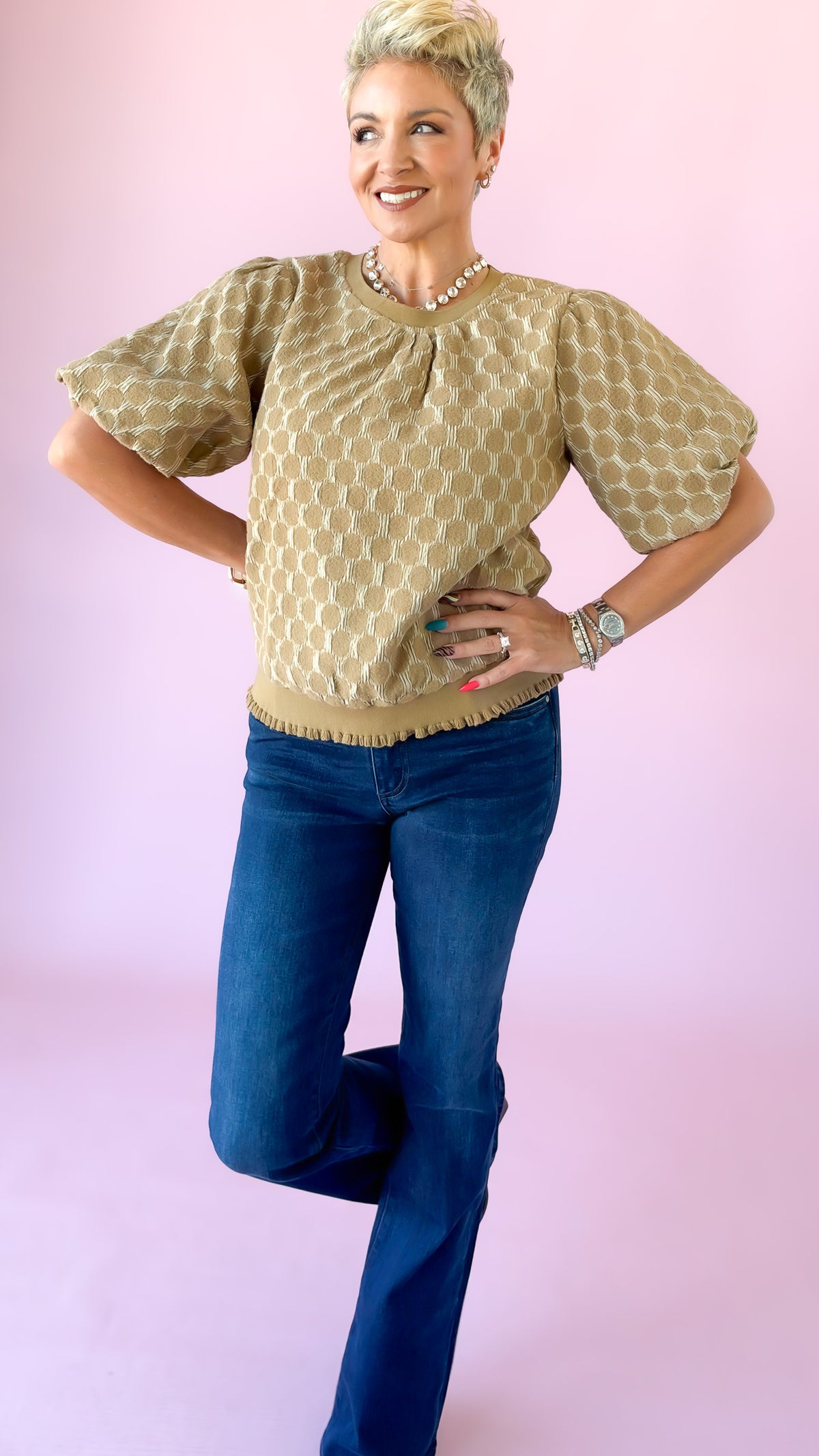 Bubble Sleeve Dot Top/Taupe