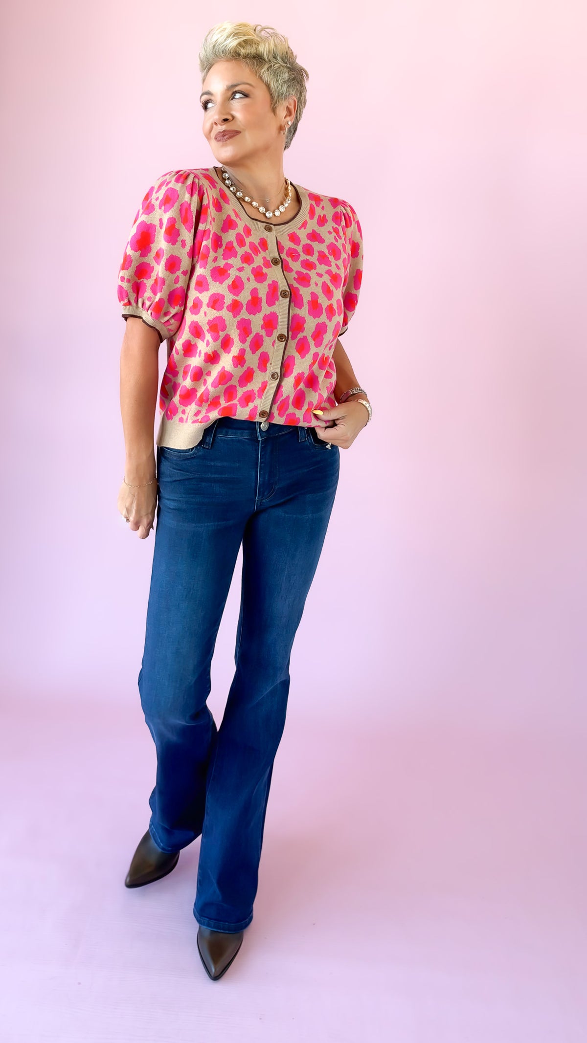 Puff Sleeve Leopard Cardigan/Pink