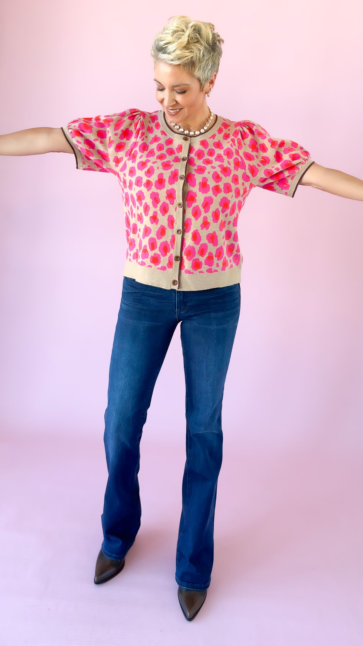 Puff Sleeve Leopard Cardigan/Pink