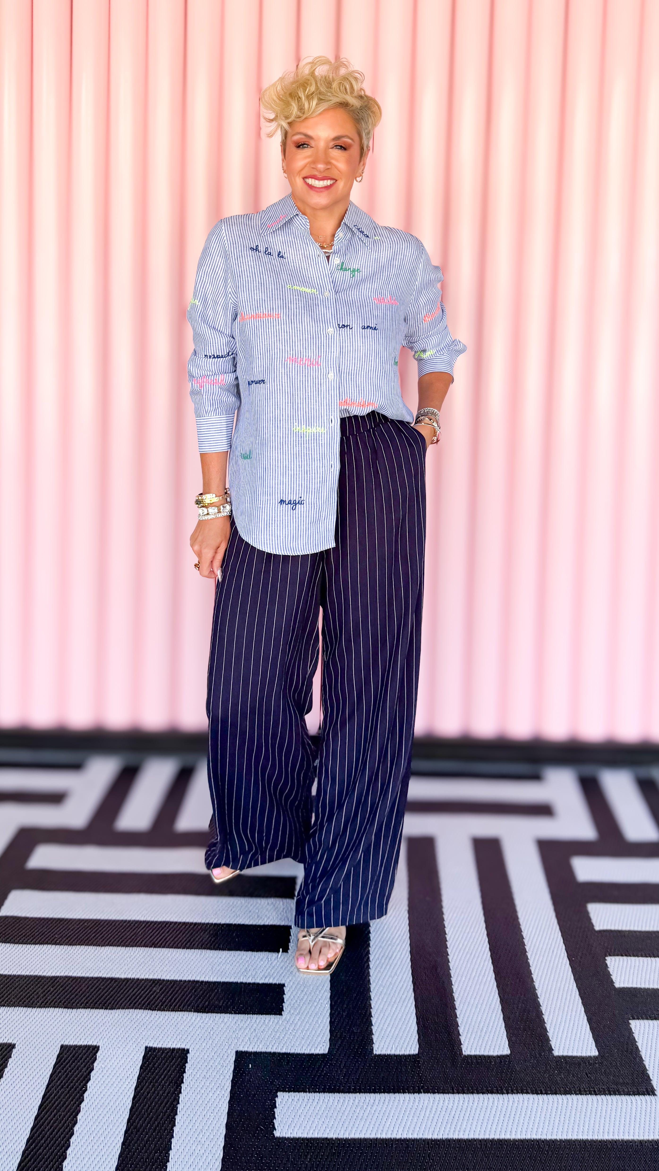 Linen Striped Wide Leg Pants/Navy