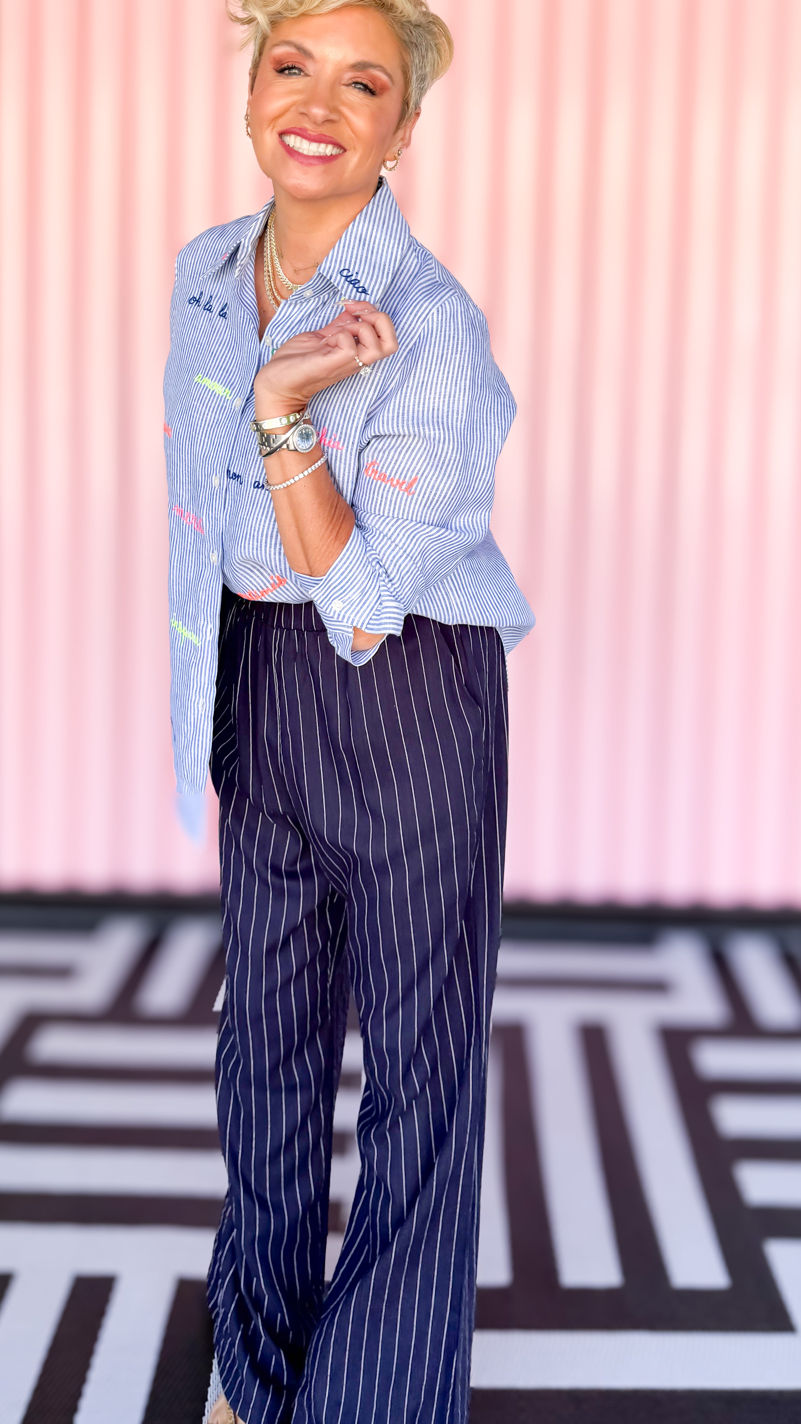 Stripes and embroidered words top worn on model - full view - BLVD Boutik