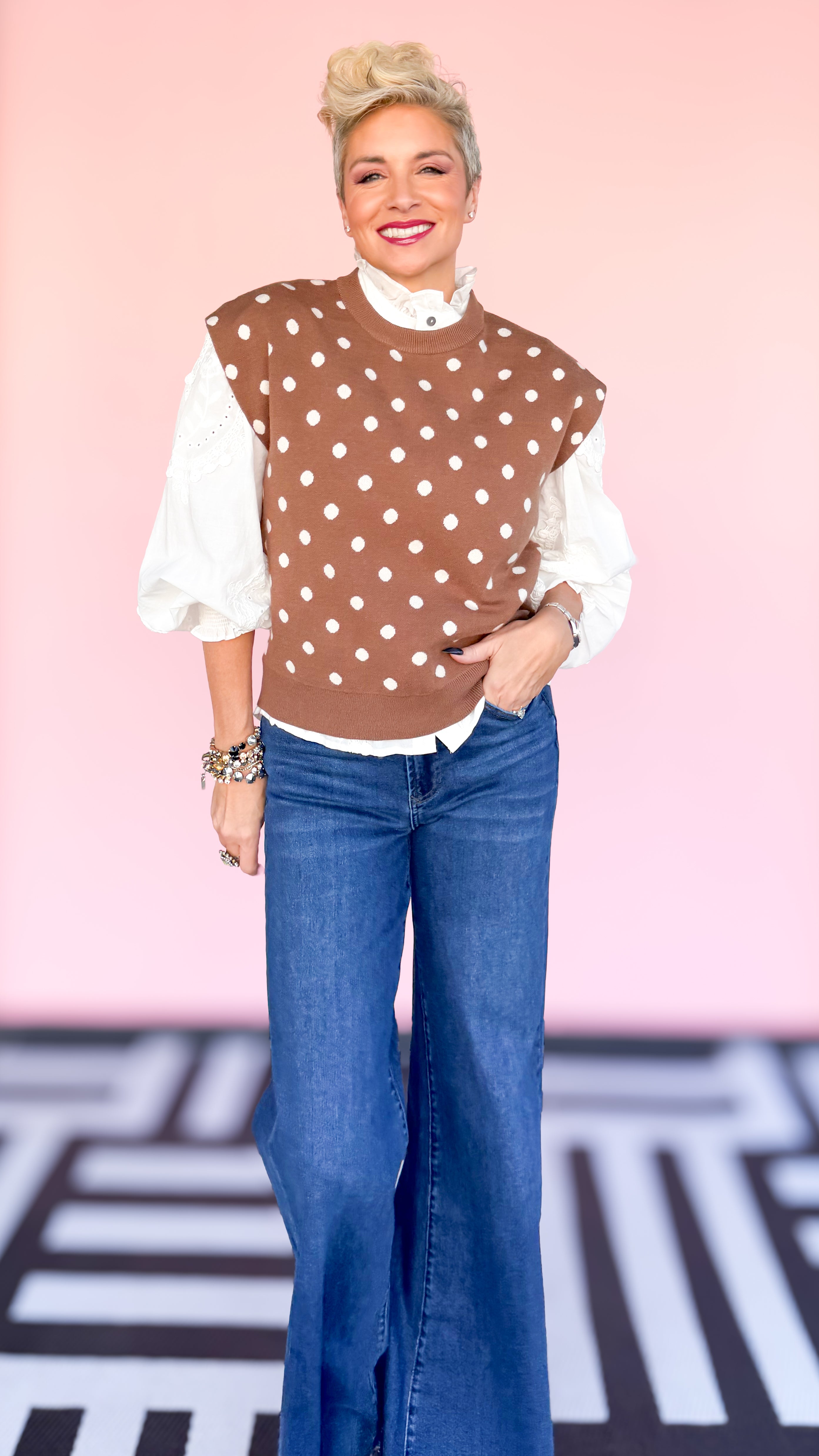 Sleeveless Polka Dot Knit Top/Brown
