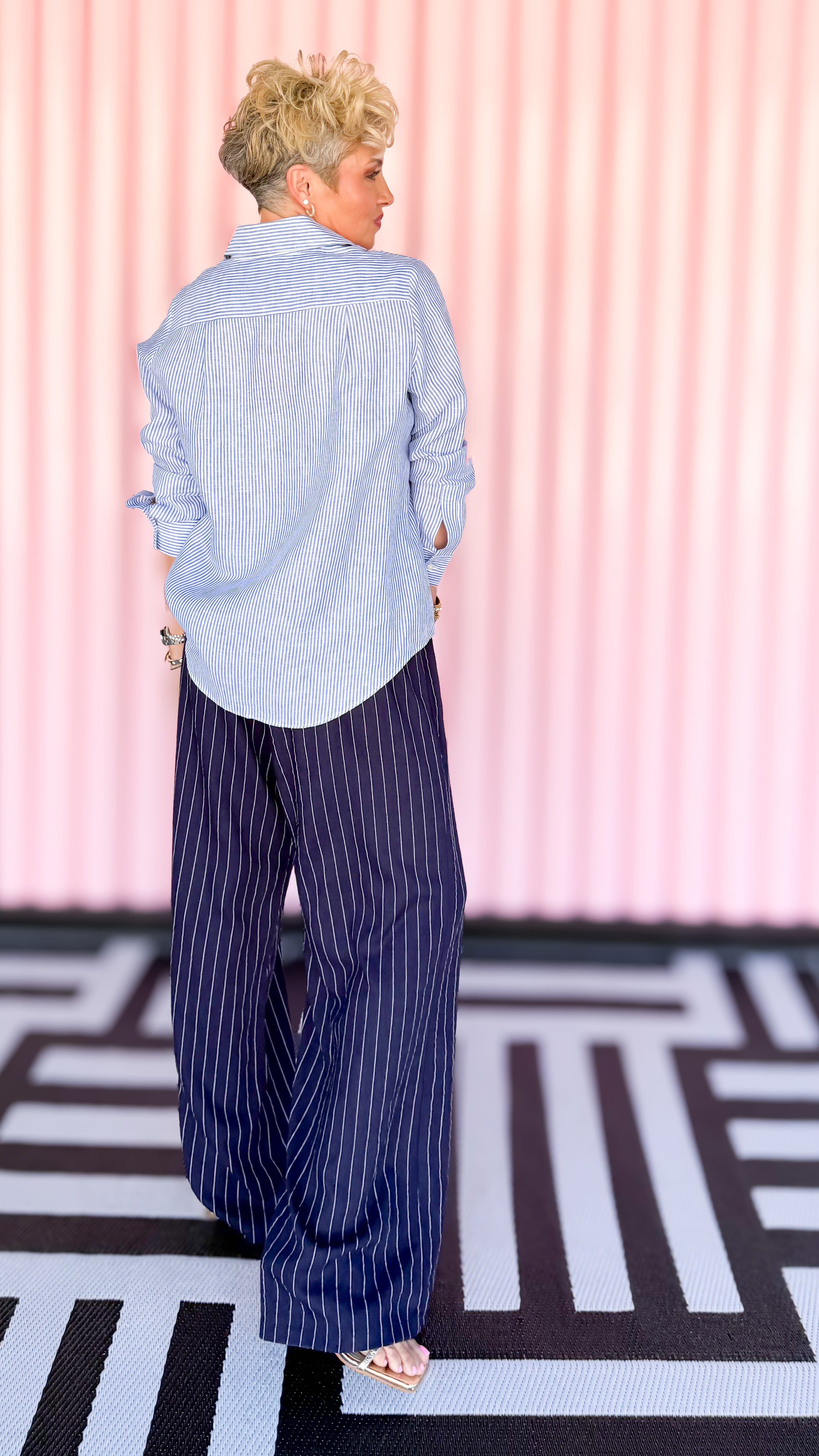 Linen Striped Wide Leg Pants/Navy
