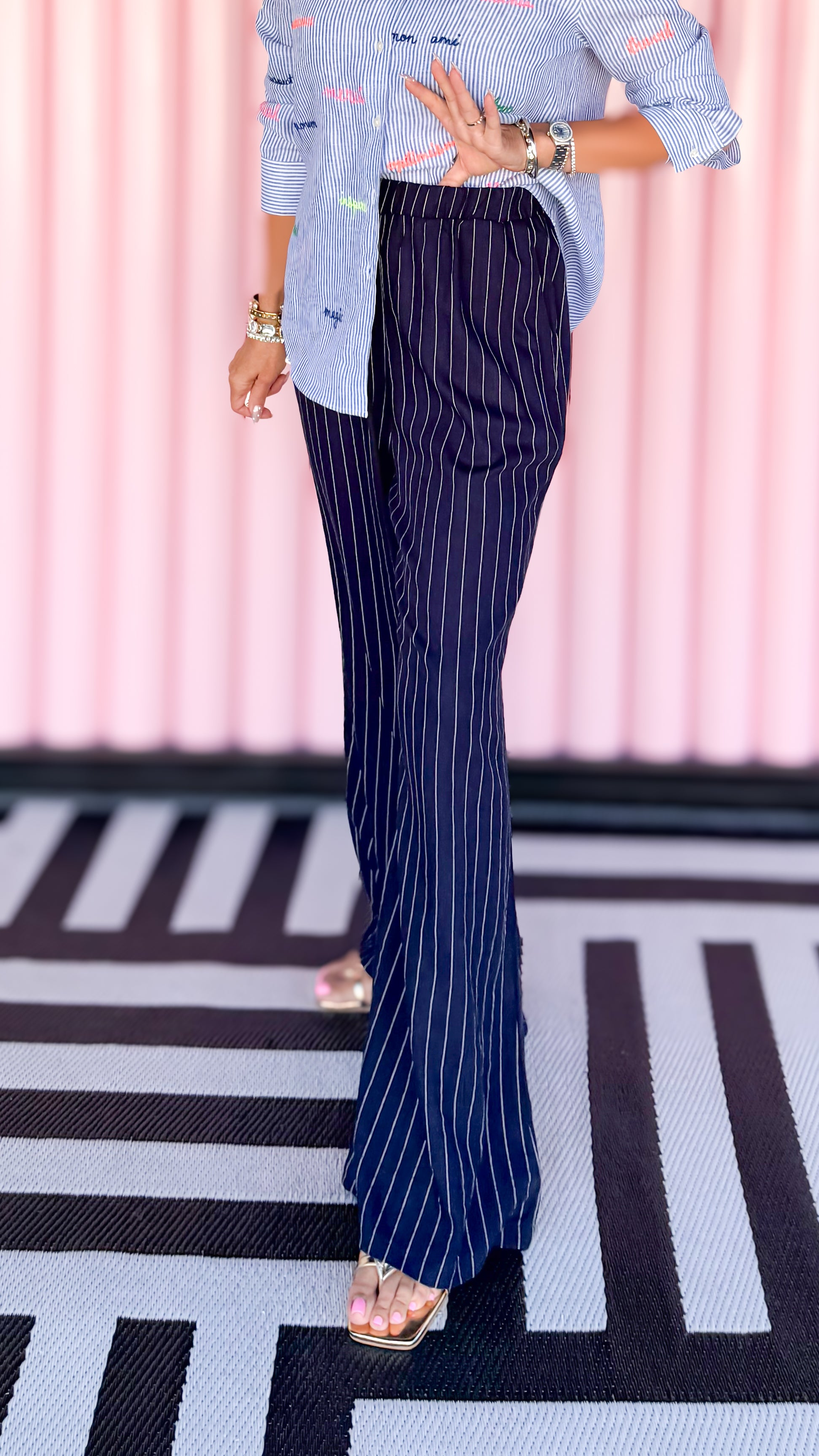 Linen Striped Wide Leg Pants/Navy