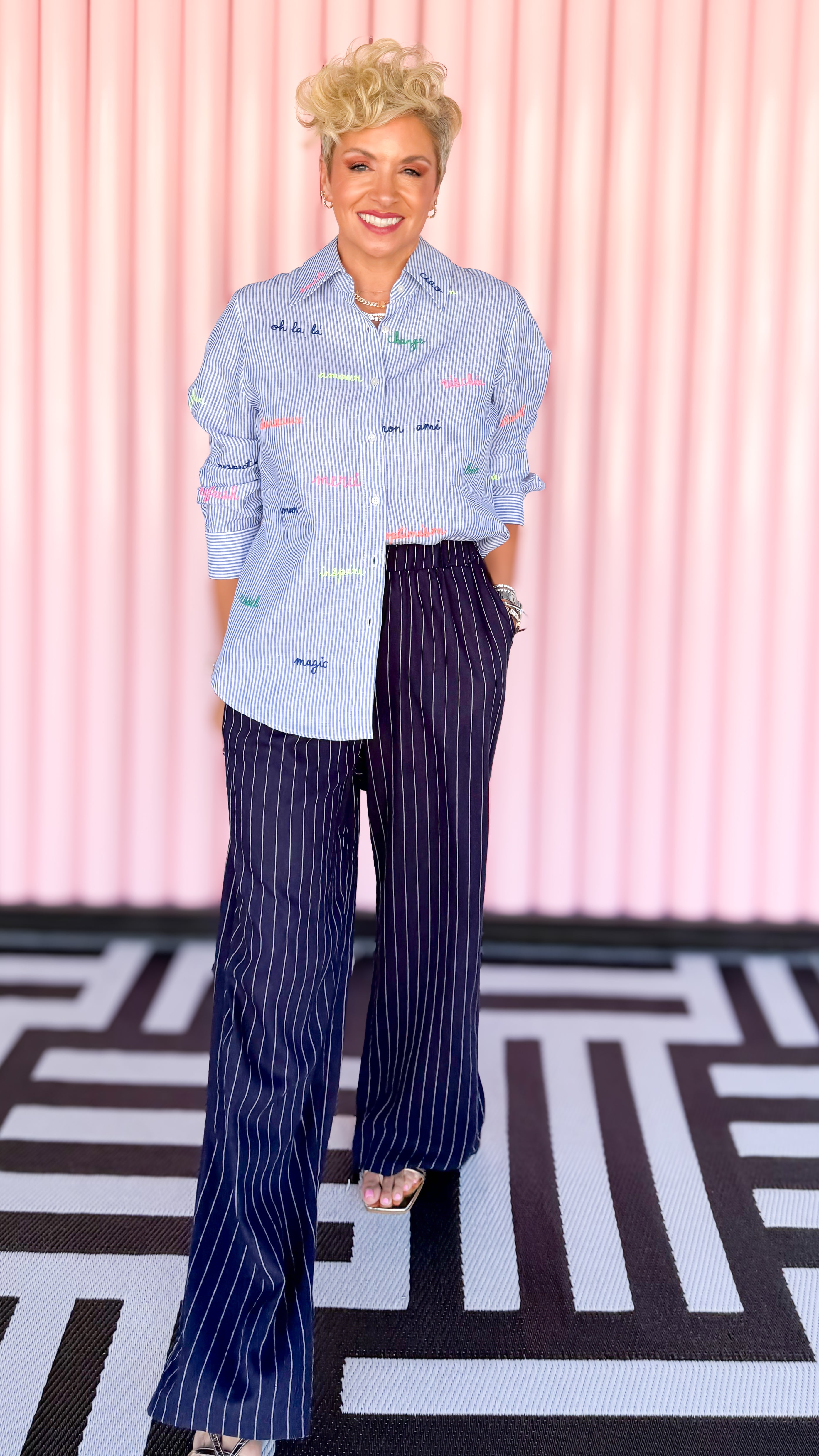 Linen Striped Wide Leg Pants/Navy