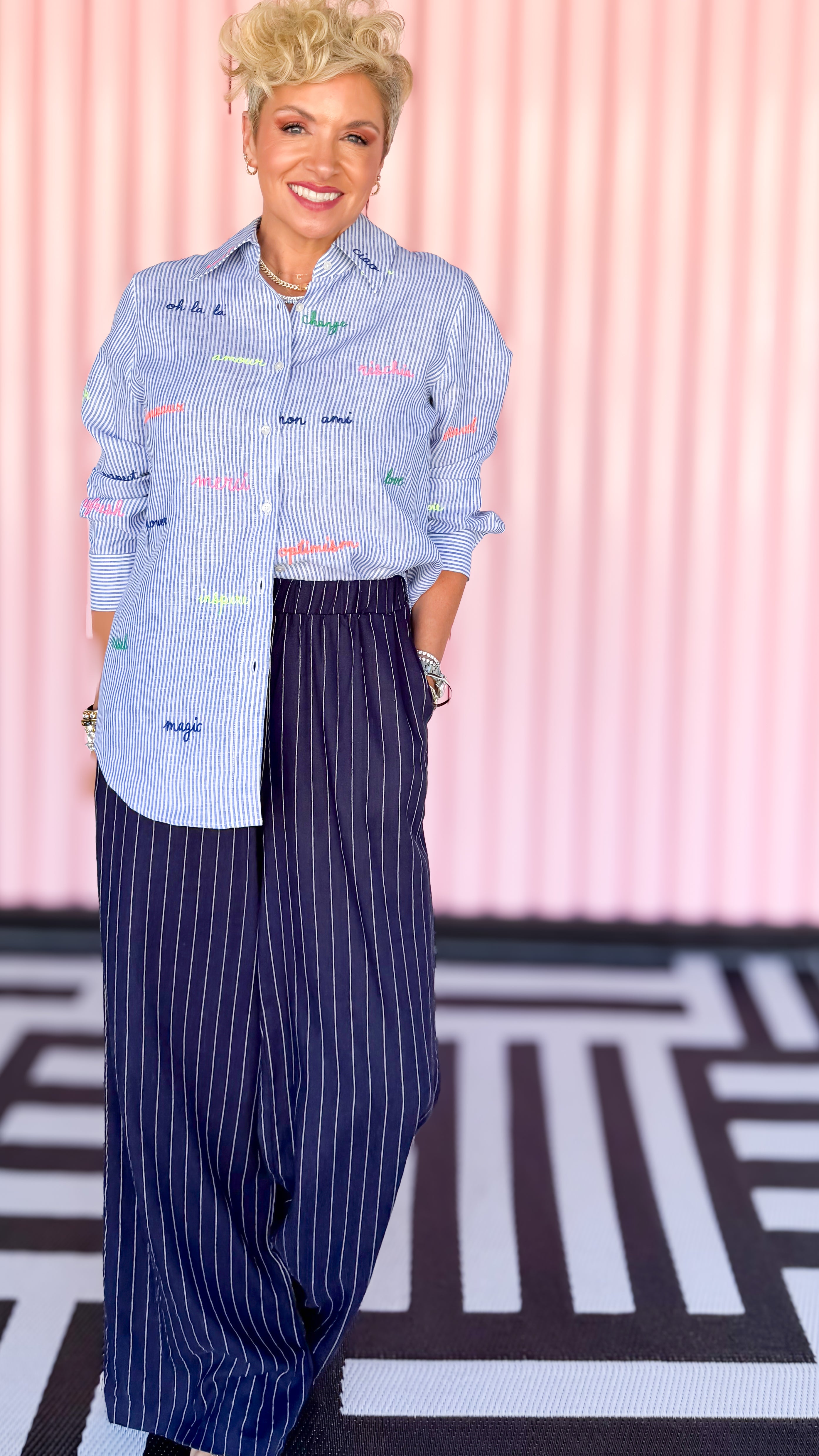 Stripes and embroidered words top worn on model - styled view - BLVD Boutik