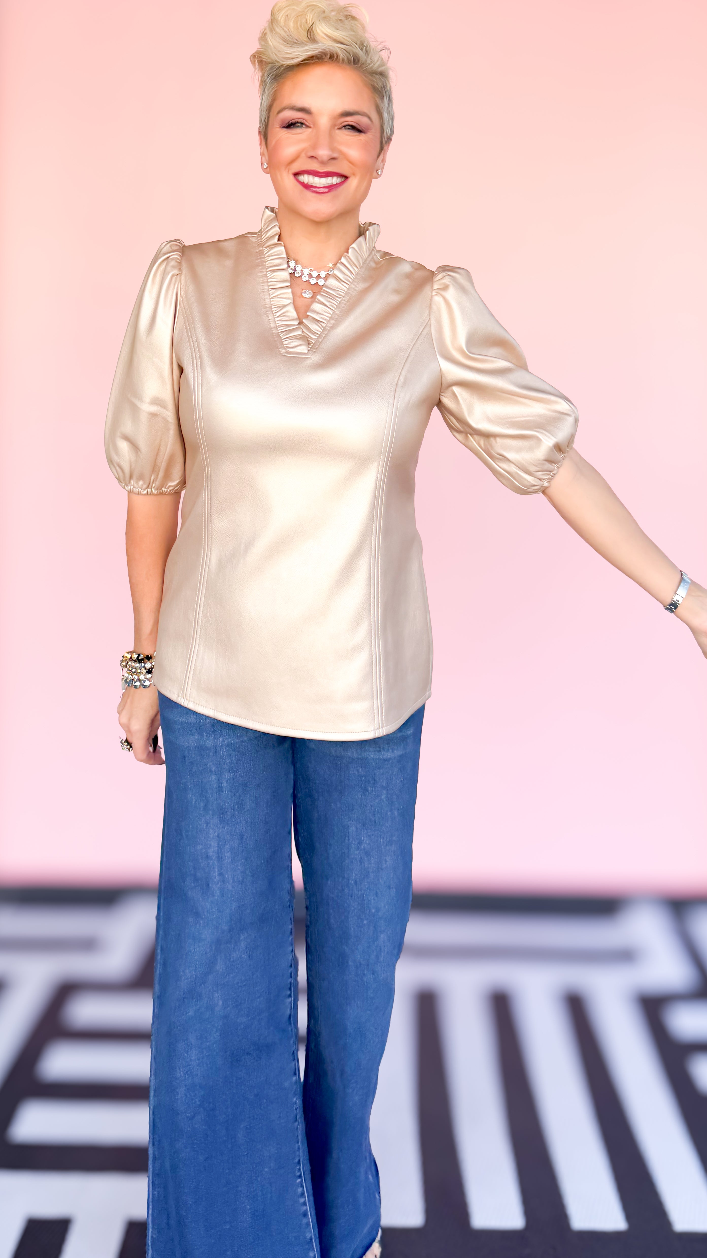 Faux Leather Ruffle V-Neck Top/Gold