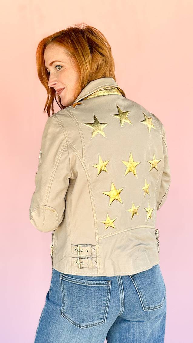 Christy "Star" Leather Jacket/White and Gold - The BLVD