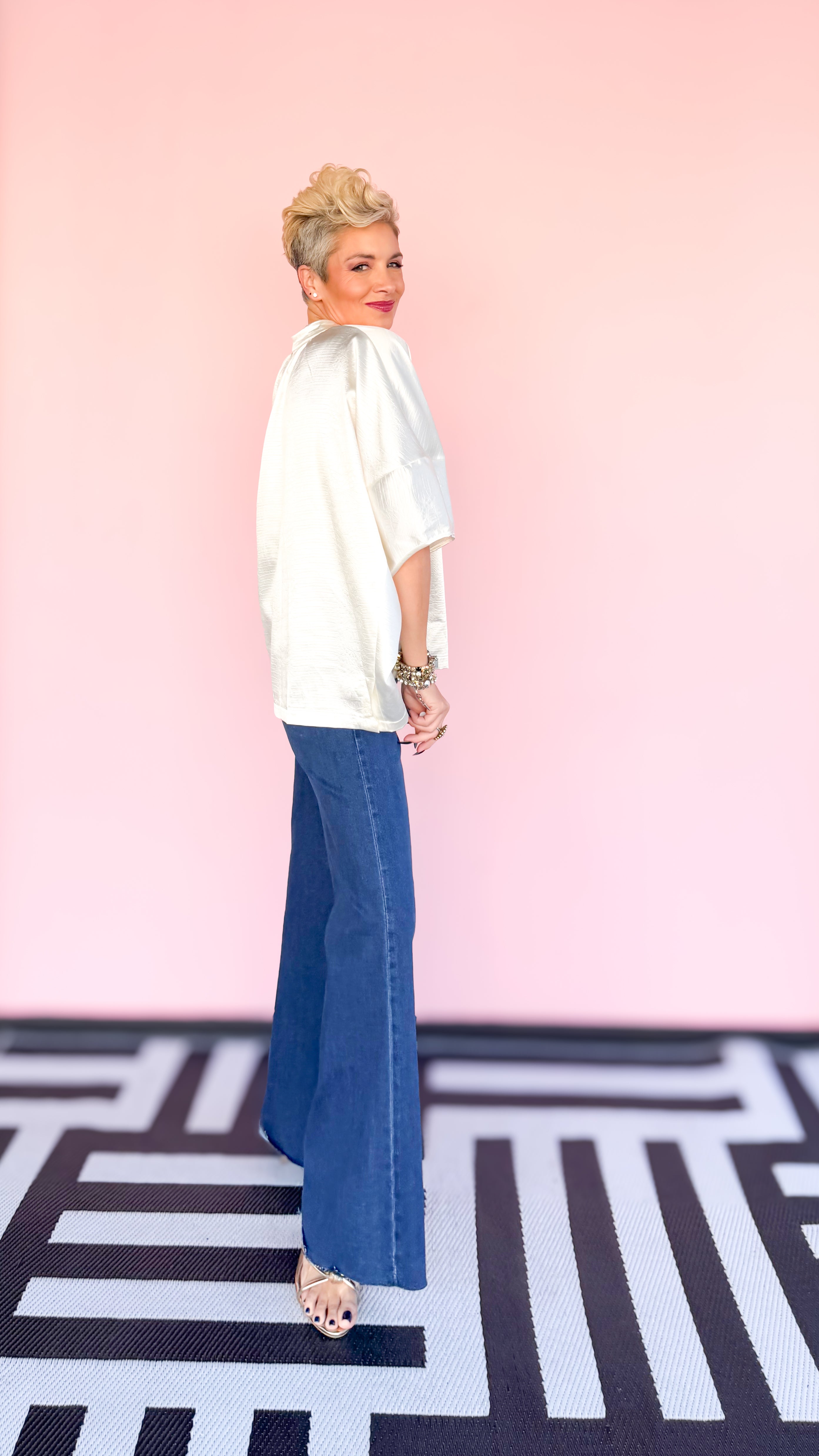 Metallic Alligator Front Zip Blouse in Cream