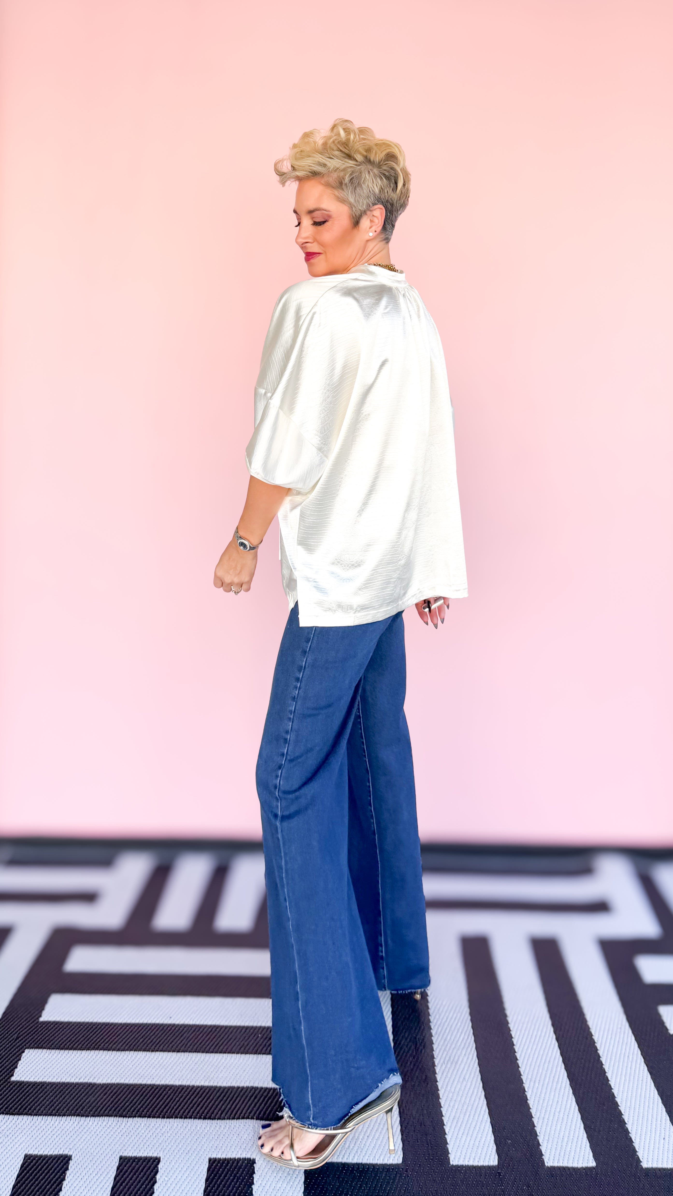 Metallic Alligator Front Zip Blouse in Cream