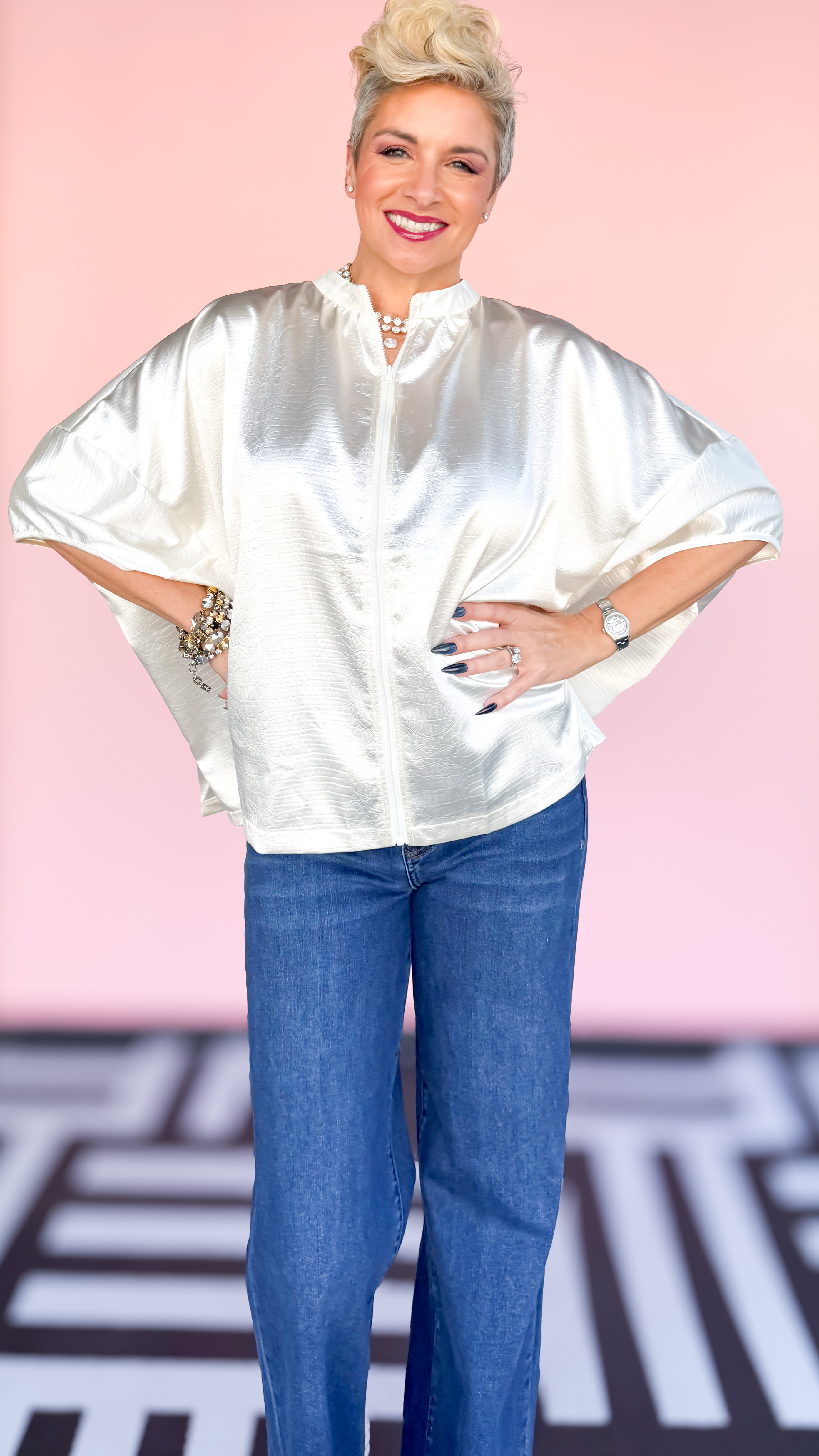 Metallic Alligator Front Zip Blouse in Cream
