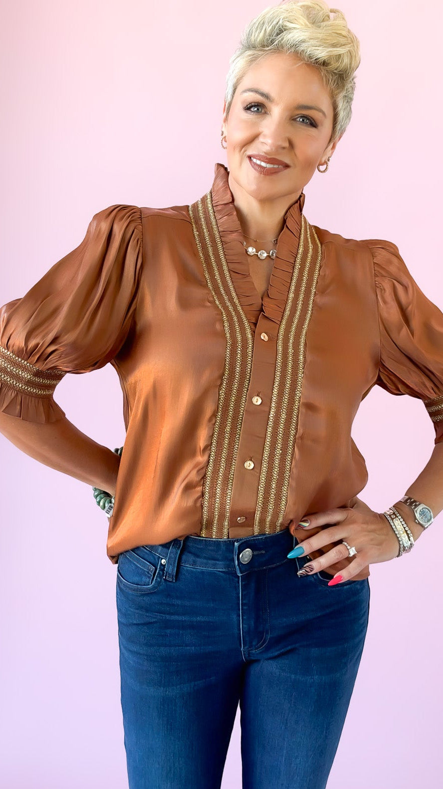 Shimmer Smocked Ruffle Top/Pumpkin