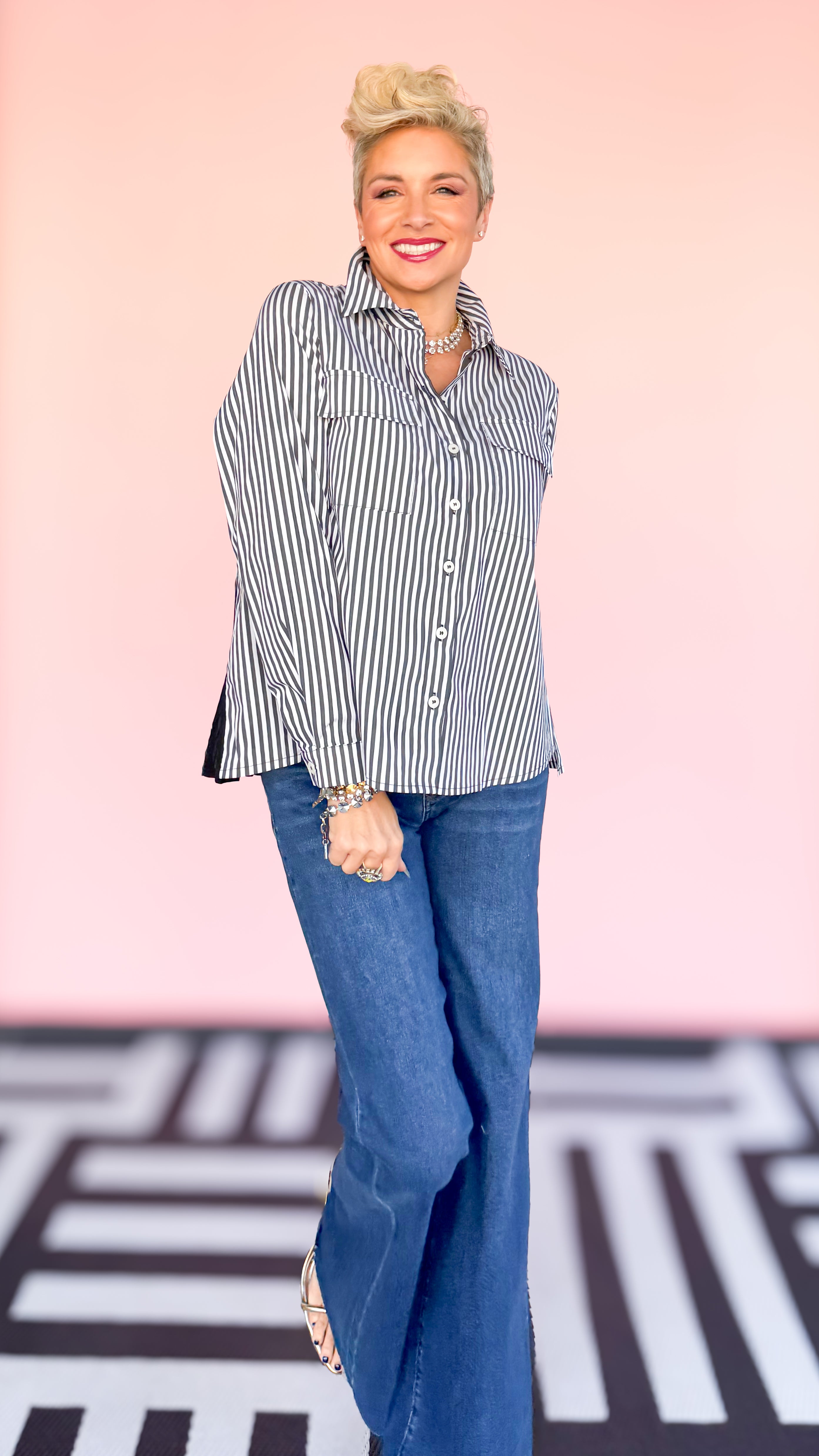 Jenn Striped Long Sleeve Top/Black