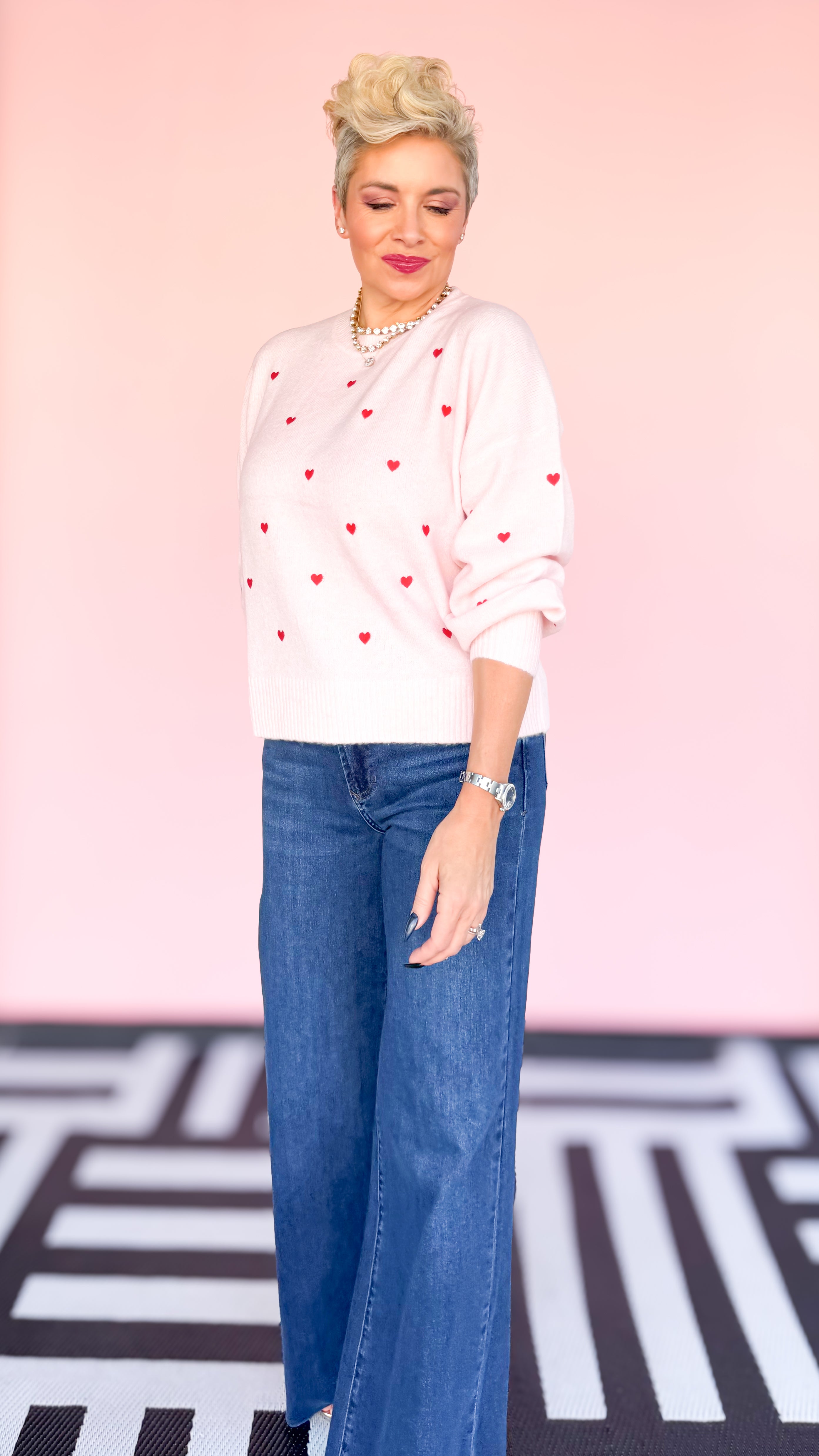 Embroidered Hearts Sweater/Blush