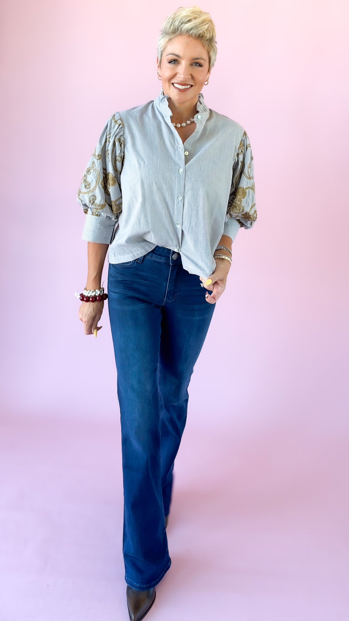 Ruffle Embroidery Sleeve Blouse/Brown
