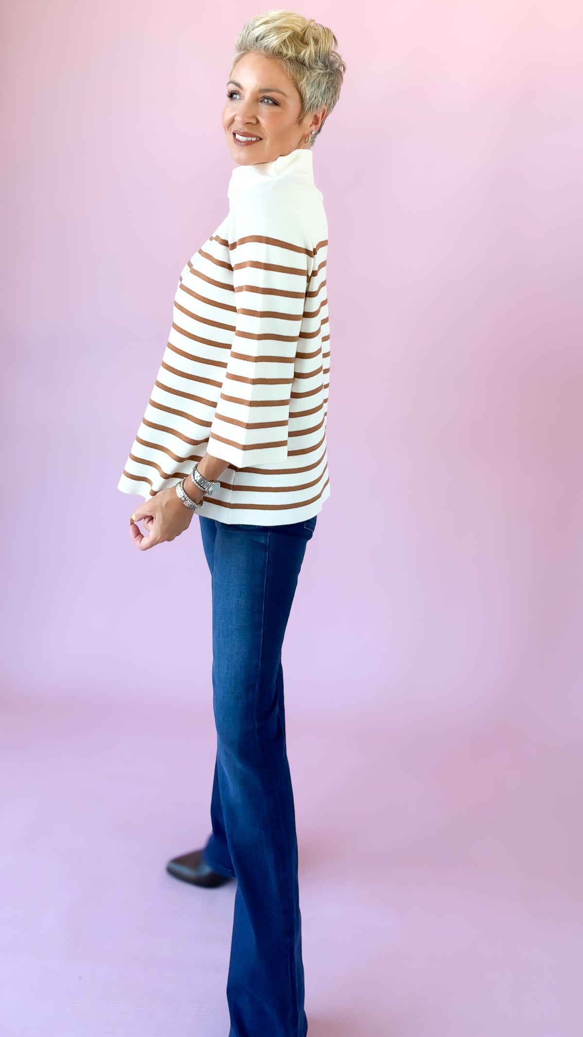 Striped Mock Neck Sweater/Cream/Brown