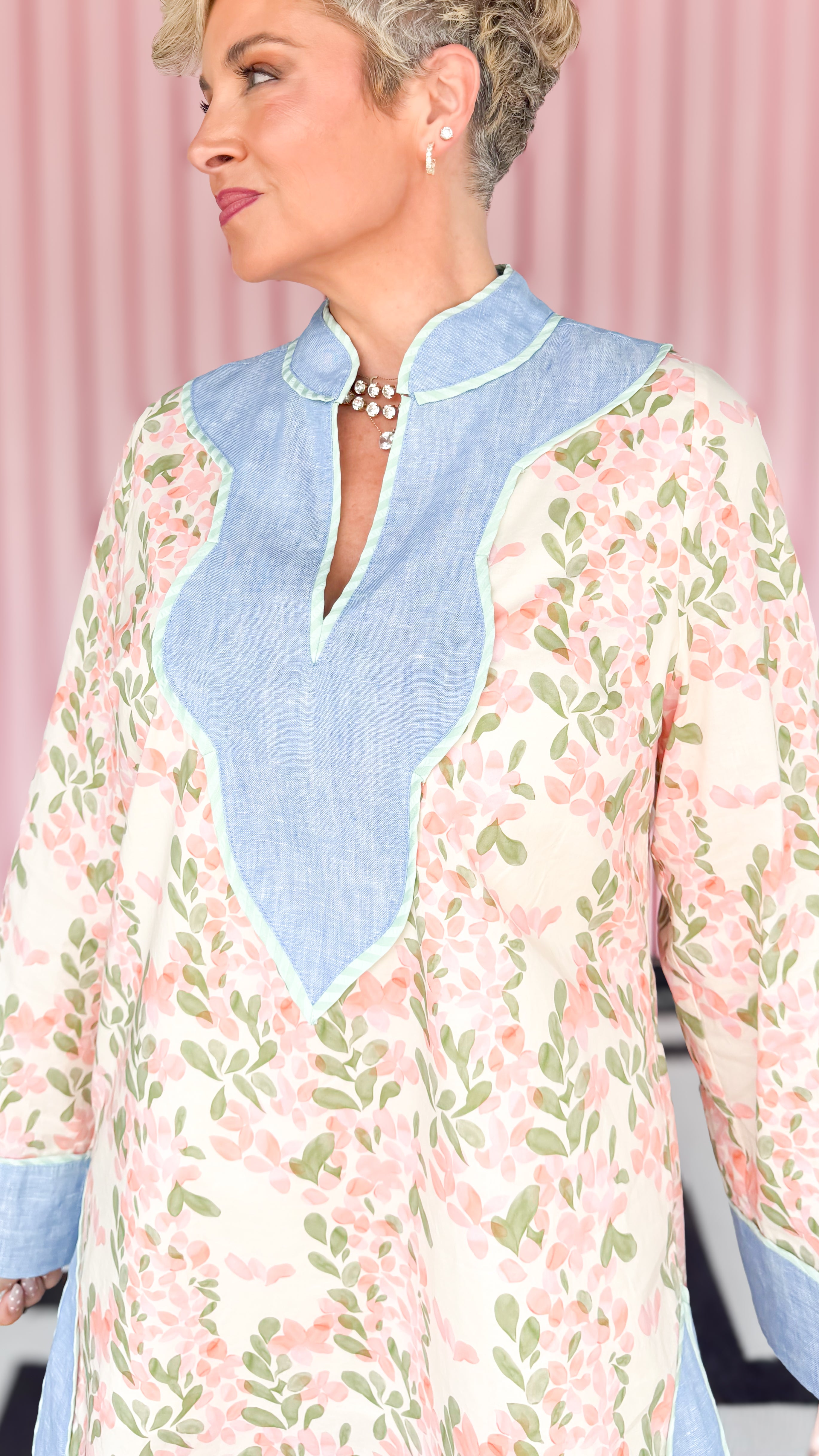 Lana long sleeve floral tunic worn on model - detail view - BLVD Boutik