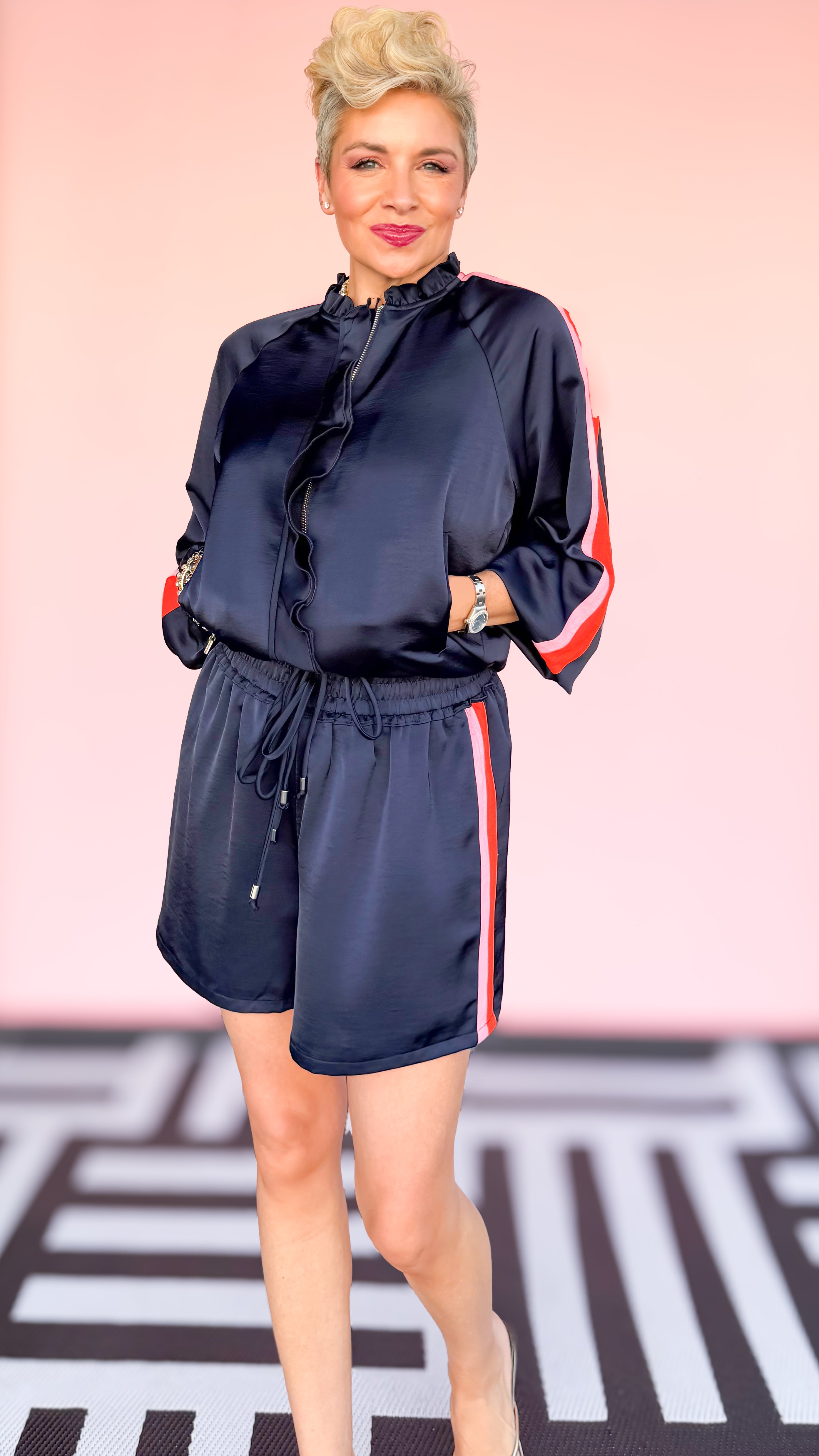 Stripe track jacket in navy worn on model - styled view - BLVD Boutik