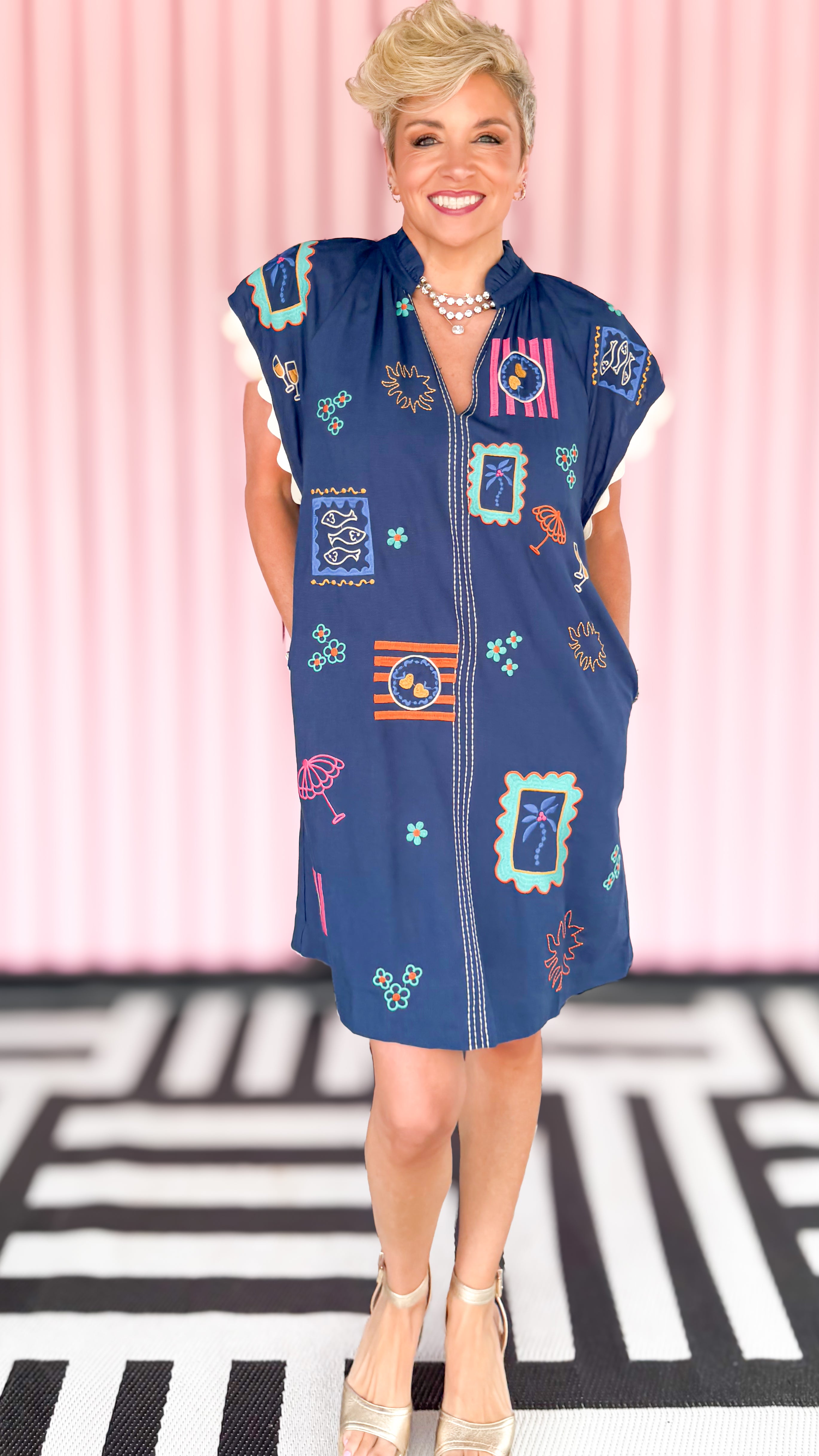 Embroidered Stamps Short Dress/Navy