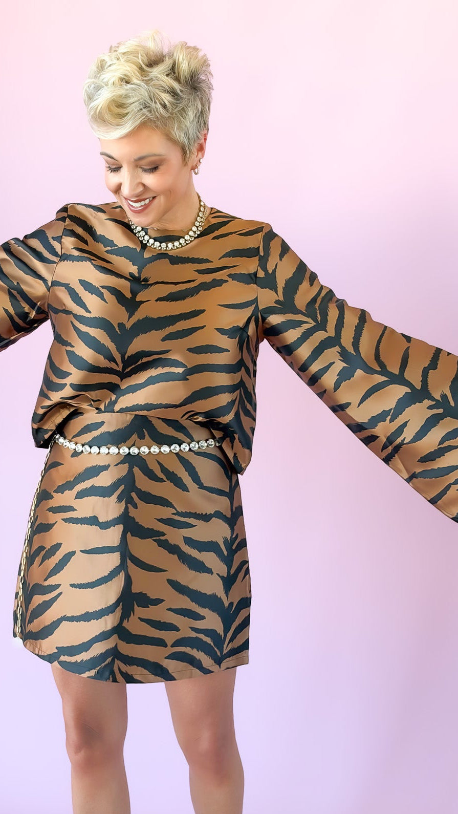 Tiger Flared Sleeve Crop Top/Brown/Black