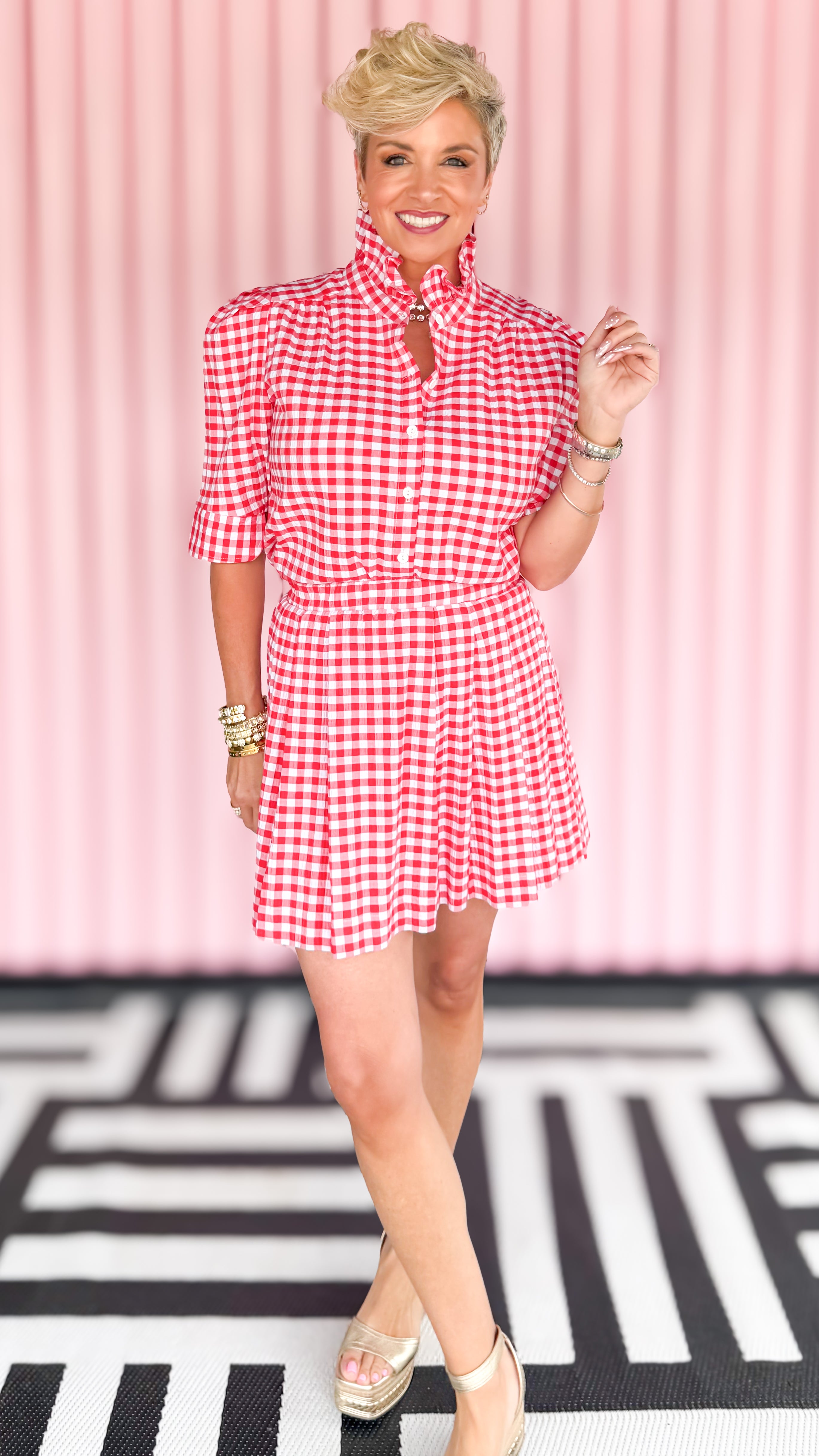 Seersucker Gingham Ruffle Collar Top/RED