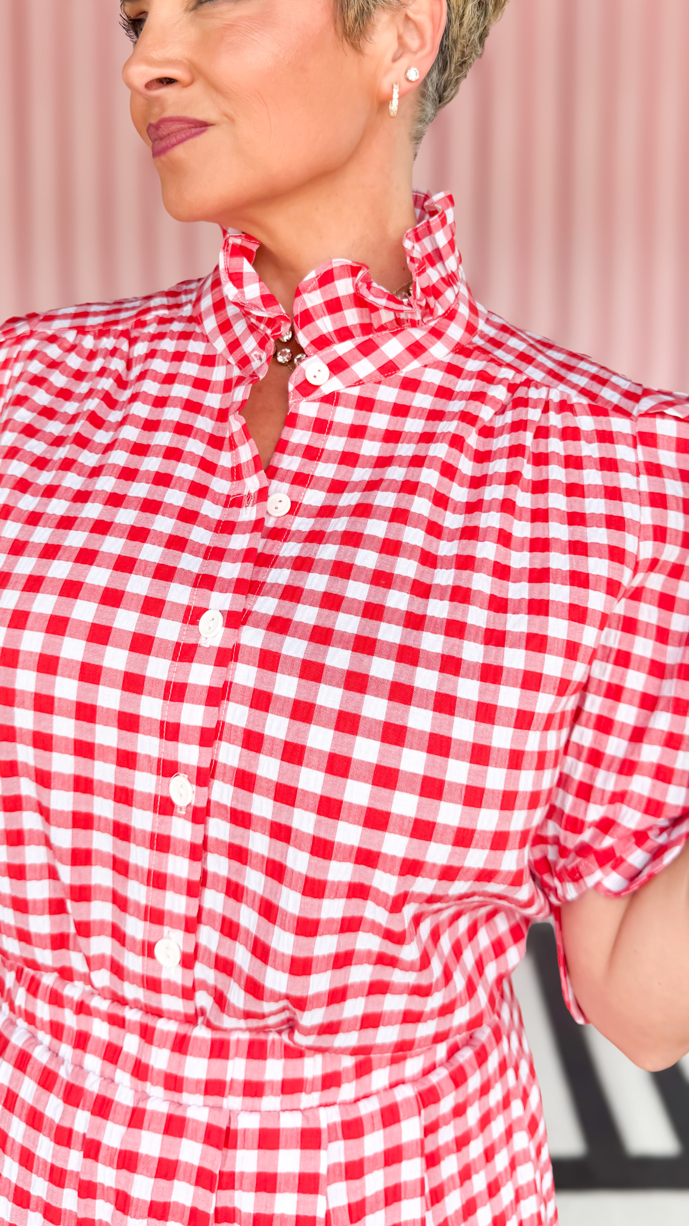 Seersucker gingham ruffle collar top in red worn on model - styled view - BLVD Boutik