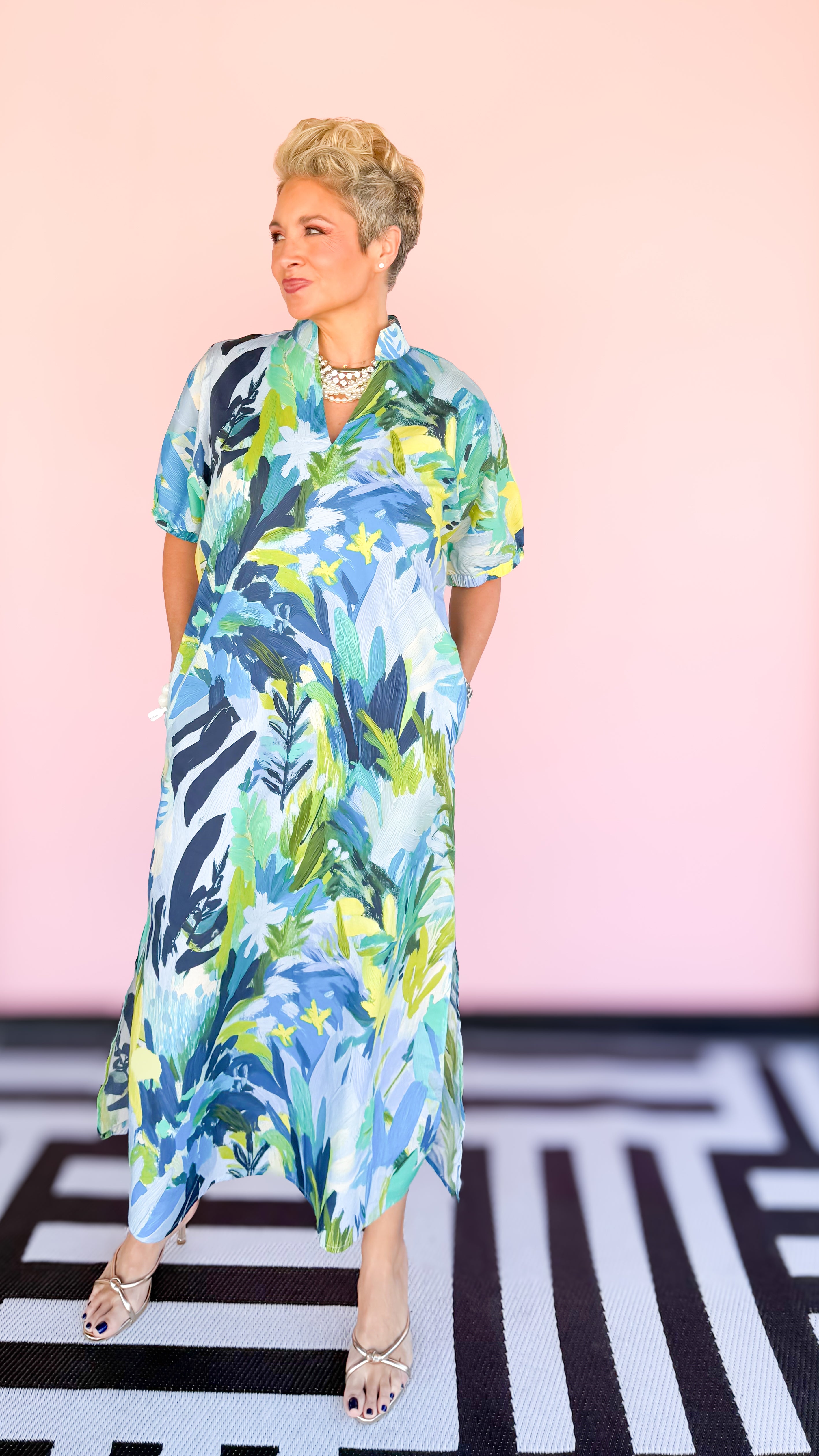 Watercolor Short Sleeve Maxi Dress/Blue