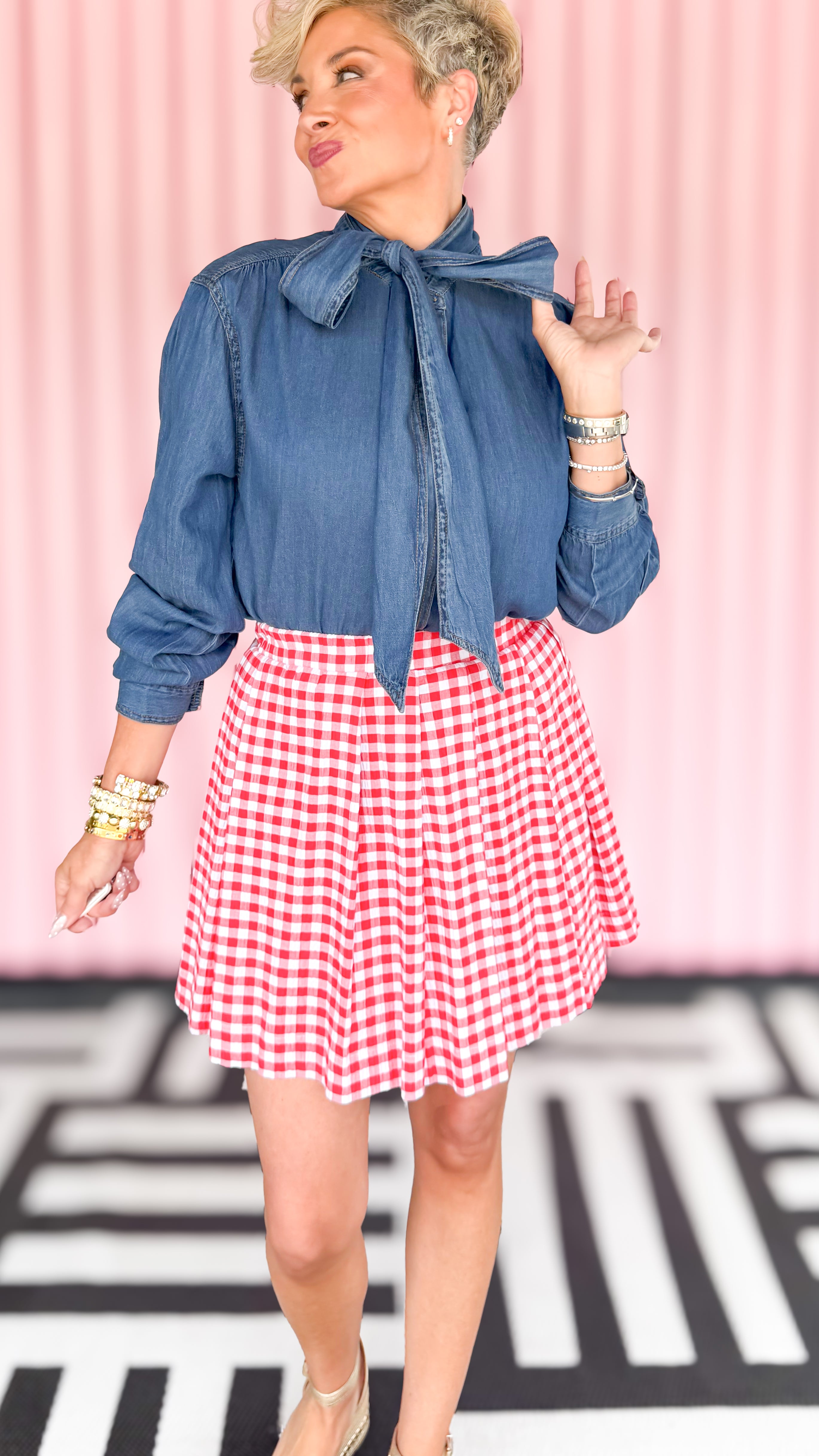 Tie neck hidden button chambray blouse worn on model - side view - BLVD Boutik