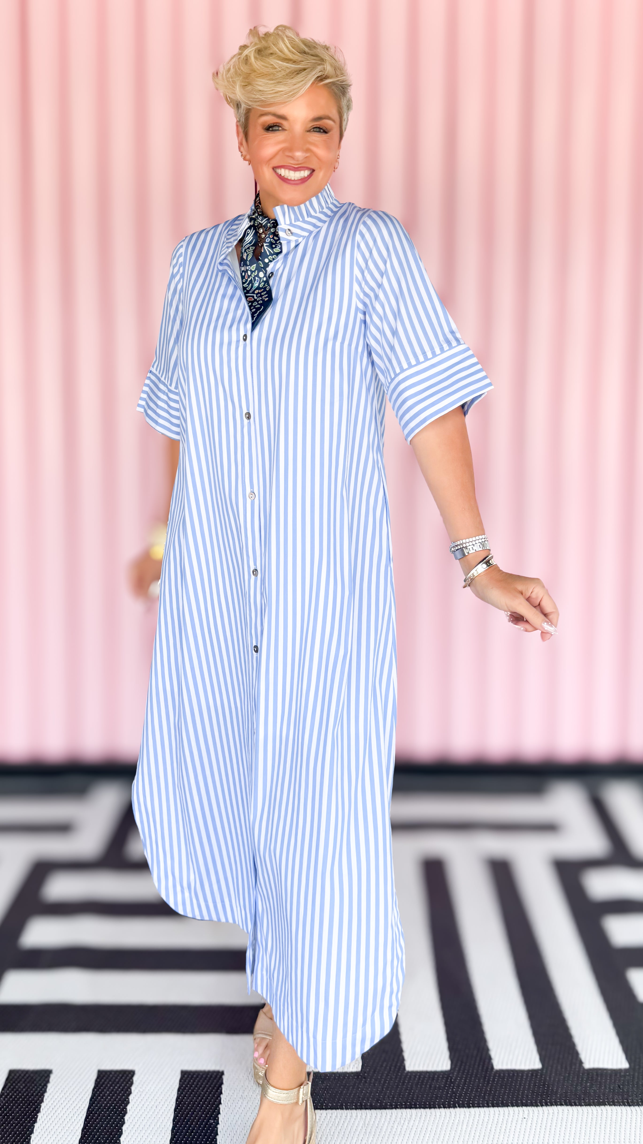 Striped Short Sleeve Midi Shirt Dress/Blue