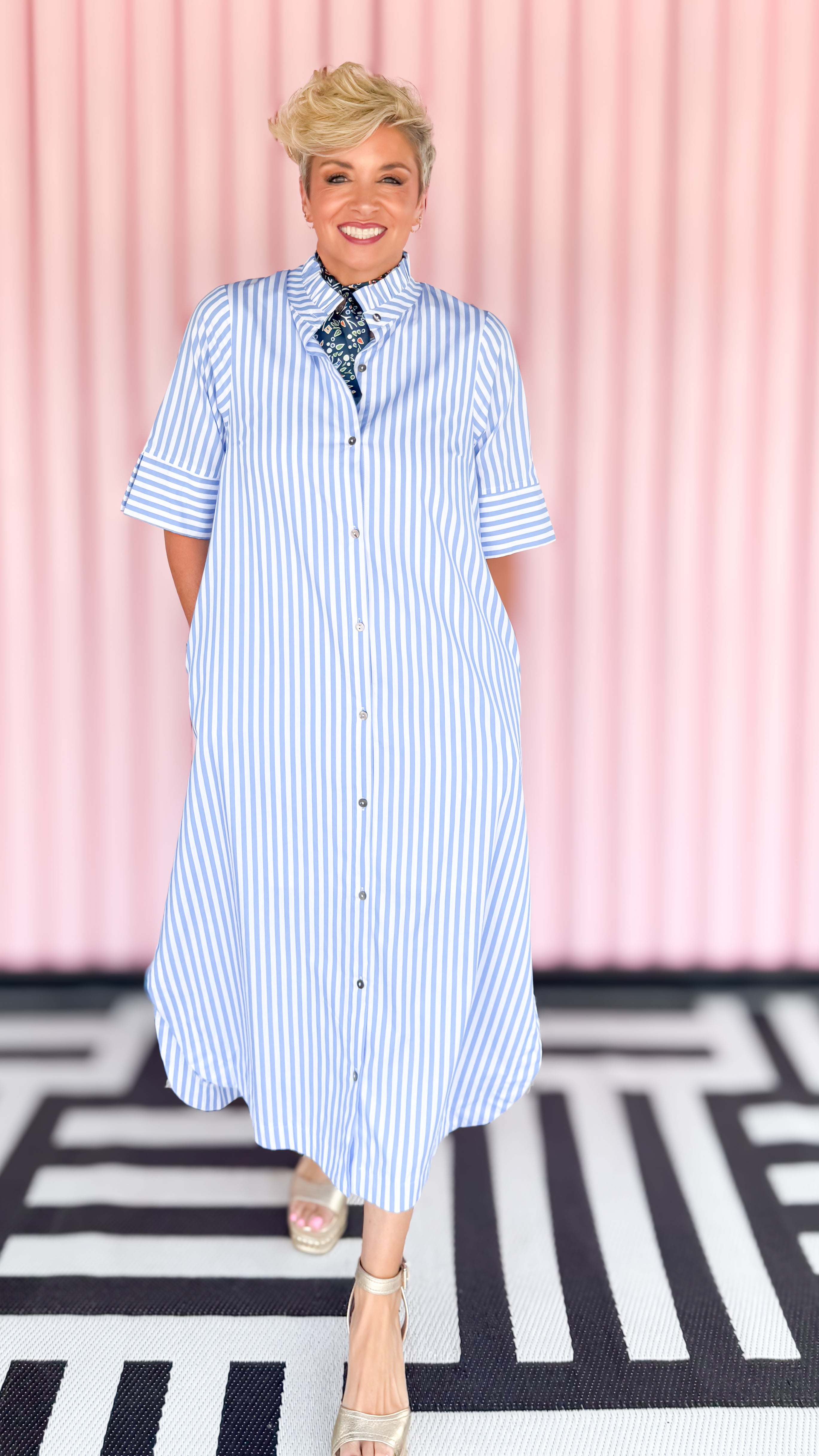 Striped Short Sleeve Midi Shirt Dress/Blue