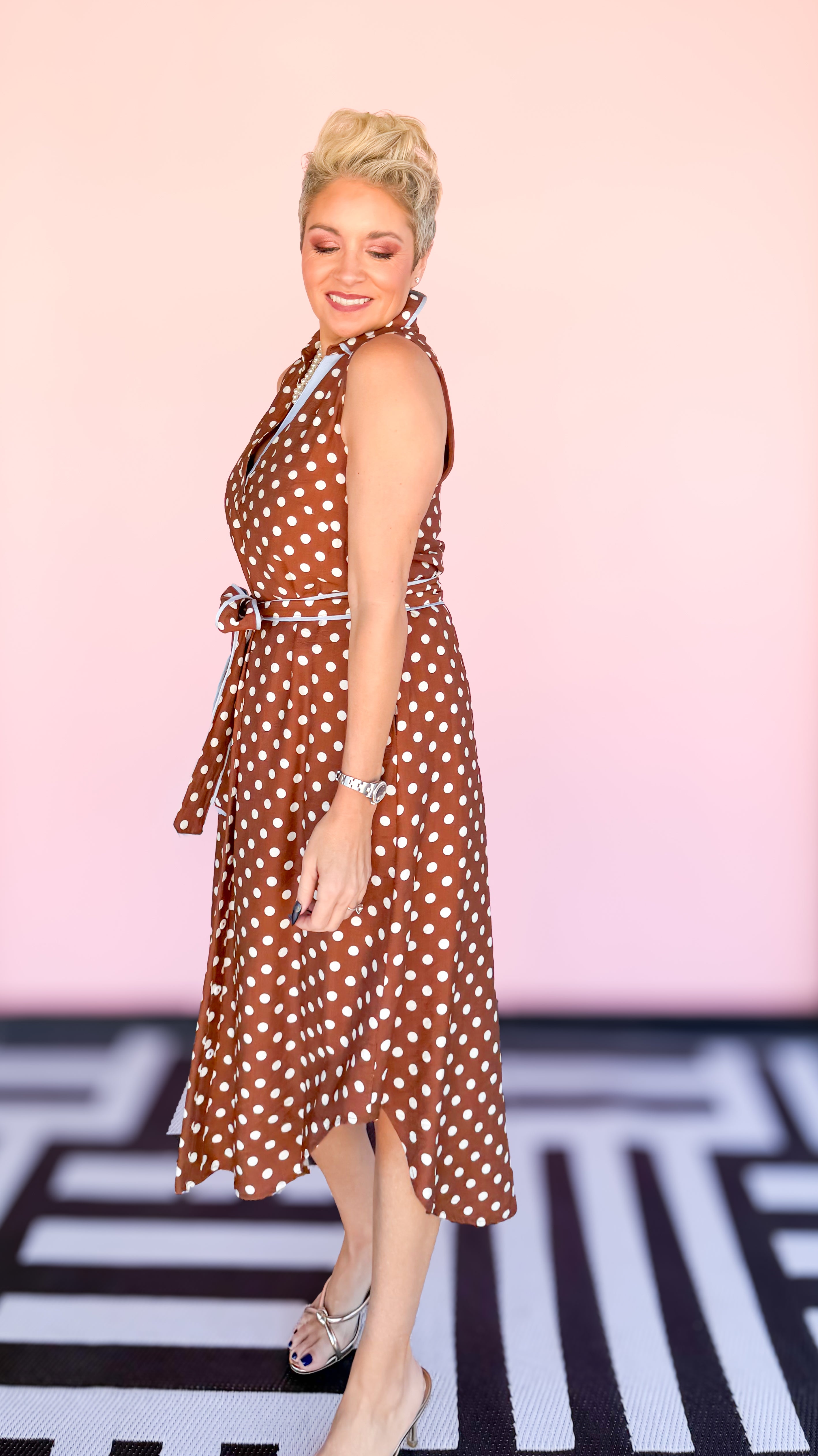 Julia Sleeveless Polka Dot Dress/Brown