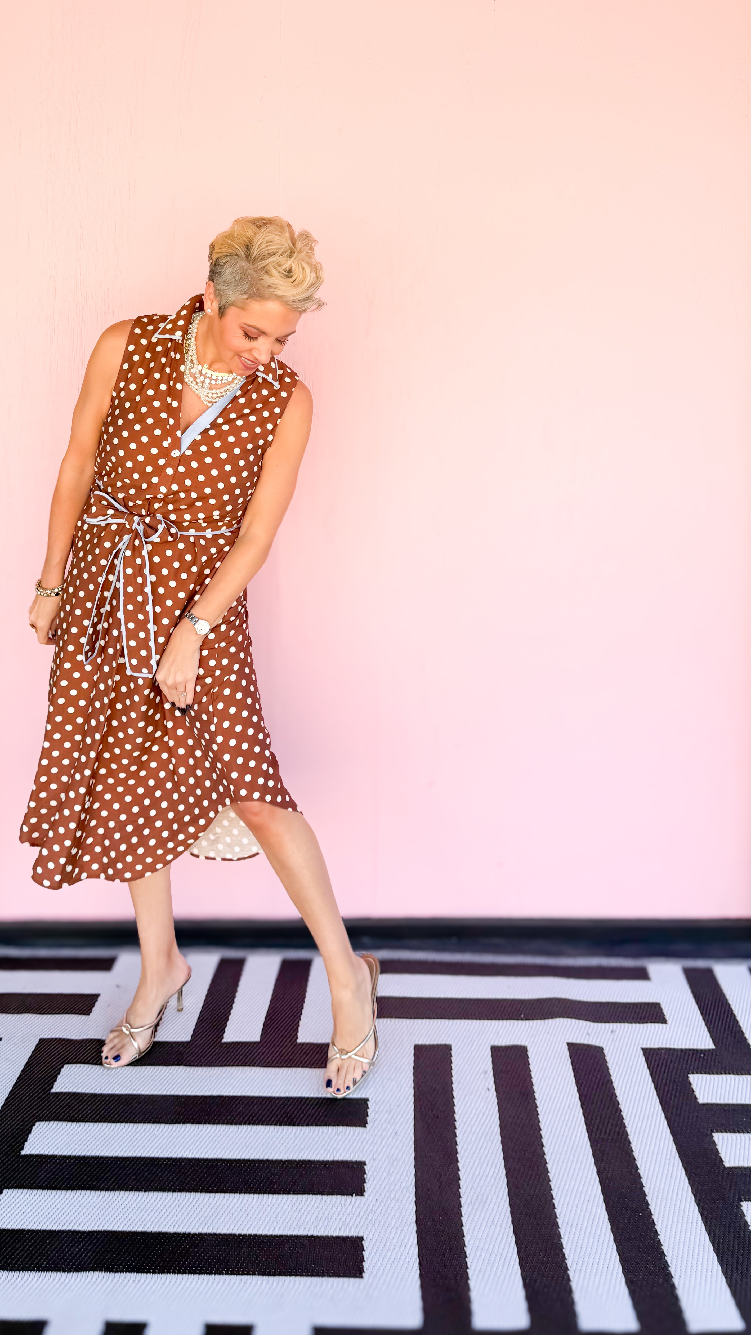 Julia Sleeveless Polka Dot Dress/Brown